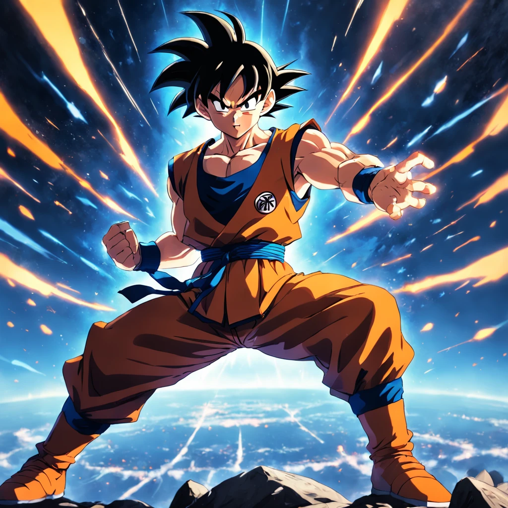 Goku in a positive pose, at the battlefield, Produced by Akira Toriyama