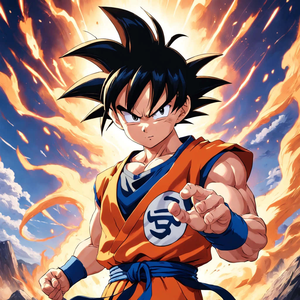Goku in a positive pose, at the battlefield, Produced by Akira Toriyama