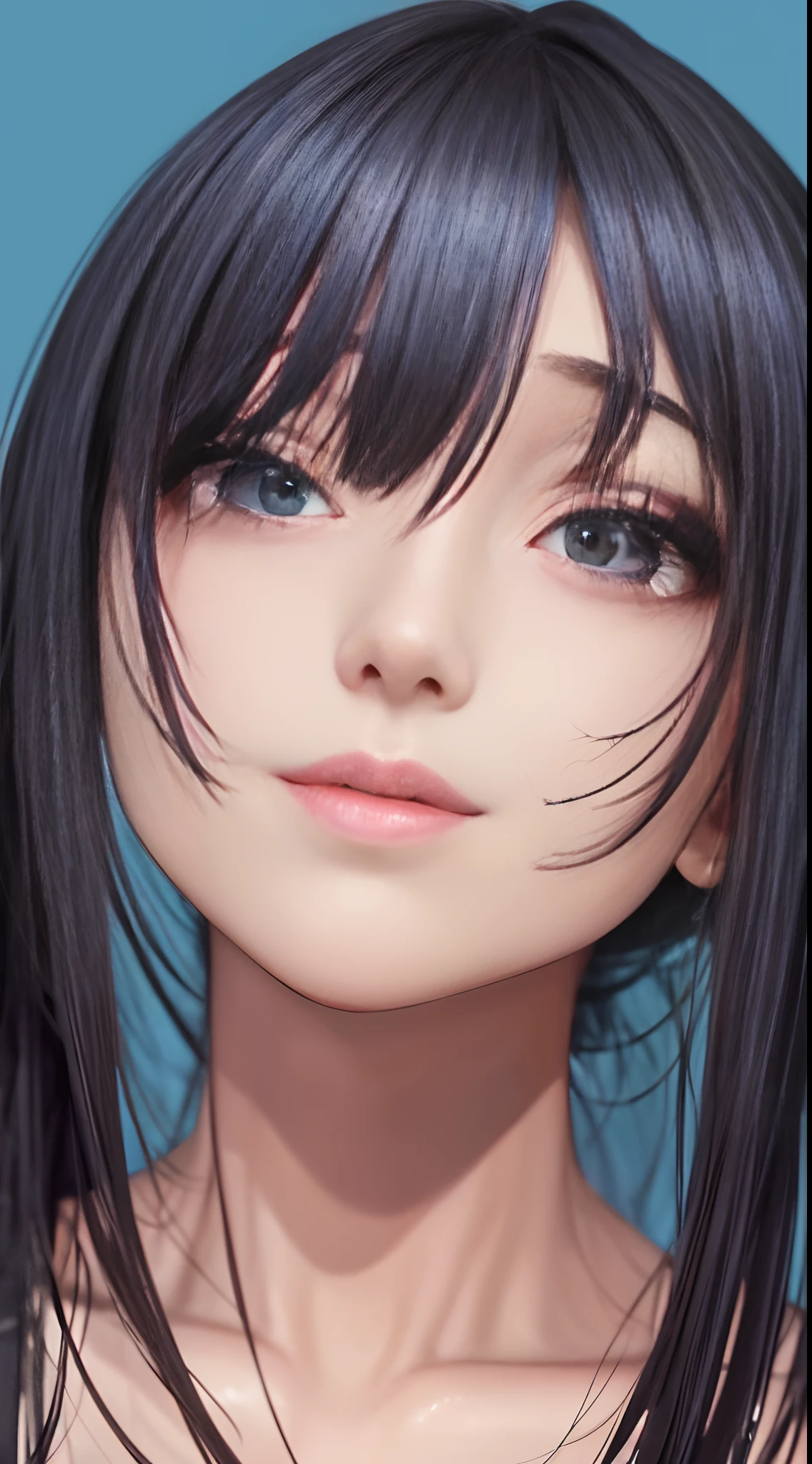 in a 4k、 masterpiece, top-quality, 8K, absurderes, beautiful a girl, Clean face, looking at the viewers, A smile, Teen, cute little, (Glitter and smoky red eyeshadow and glitter, glazed pinkish red lips:0.8), A hyper-realistic, hight resolution, a picture, film grains, chromatic abberation, foco nítido, nffsw, face lights, Dynamic lighting, 电影灯光, Professional Shadows, simple background, (Dull blue background:1.3)、highestdetailed、Extreme details、ultra-detailliert、detaile、authentic skin、delicated facial features、detailed faces and eyes、Sharp pupils、Realistic pupils、(Black eye:1.0),full bodyesbian、waistline、Slim type、((fullnude)) --auto