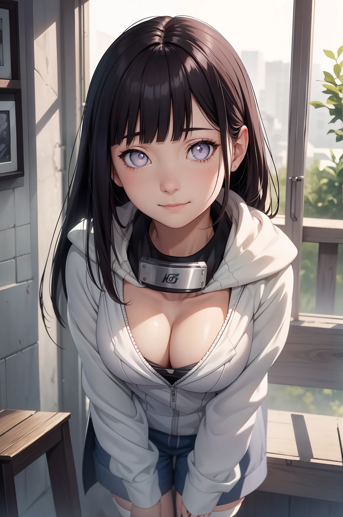 film movie still、1girl in、It stands、years、pale-skinned、innocent smiles、white stockings、((A detailed face))、(Detailed skin)、moisty，The details are complex、Shallow depth of field、[volume fog]、电影灯光、Reflectors、a Canon EOS R5、50mm lens、f / 2.8、NFFSW、shot at 8k resolution、cleavage，Close-up，Hinata，brunette color hair，White eyeballs
