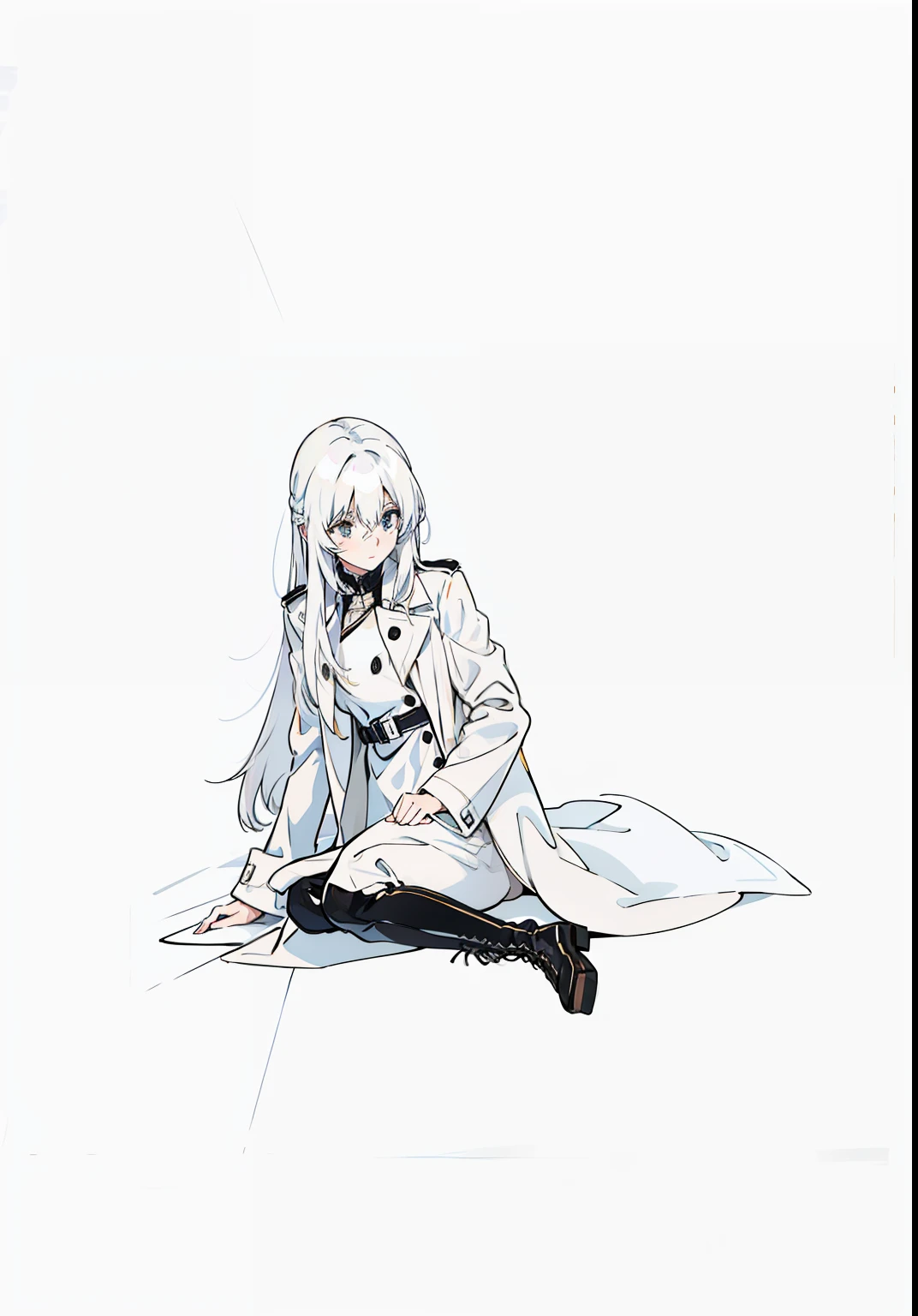 long white hair,Black boots,a black trench coat,In black suit,black long pants,Side sitting position