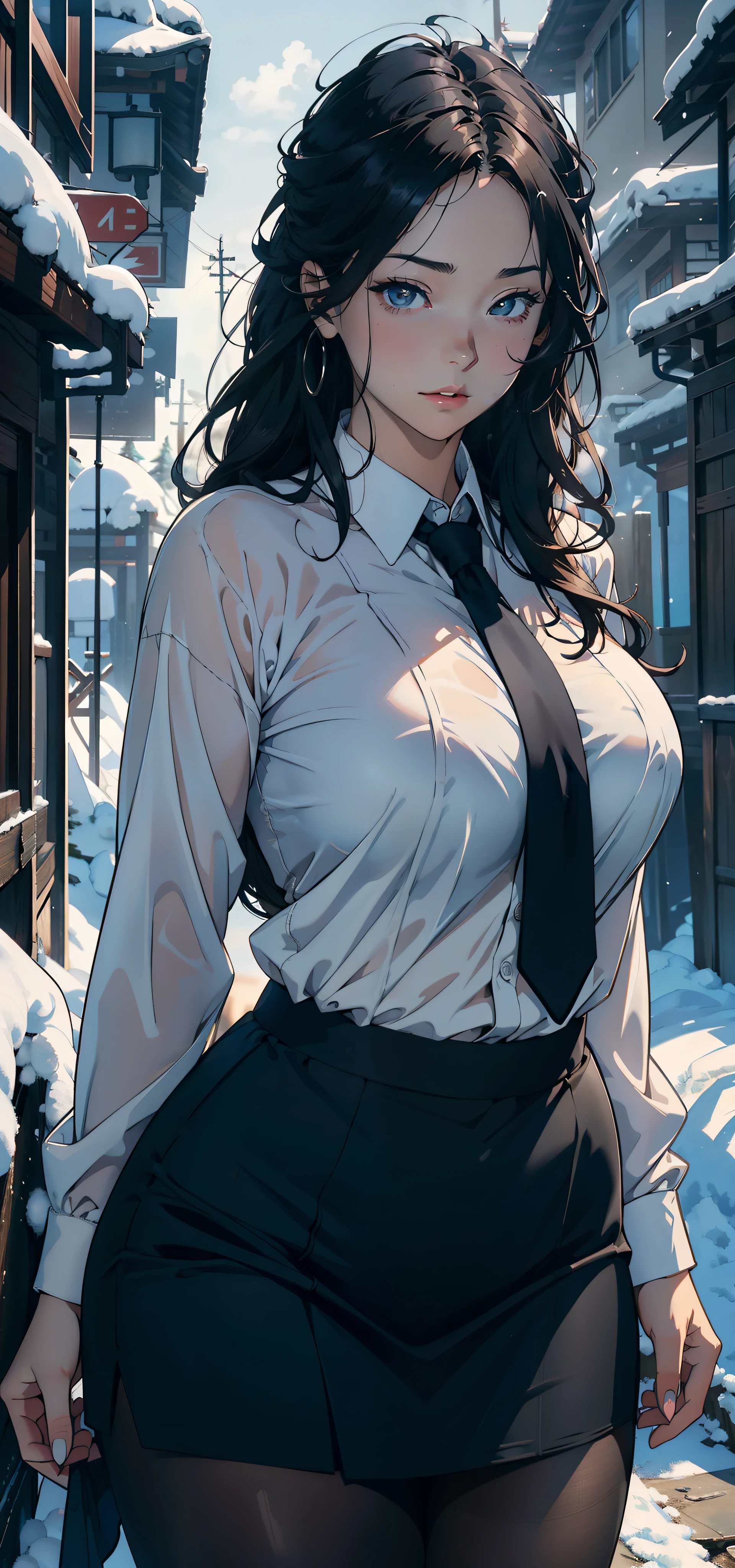 1female,25 age old,Large breasts,Pornographic exposure, 独奏,(Background with:ports,coniferous forest,at winter season,Snow on the ground) with his long black hair, nakeness,比基尼,standing on your feet,Sweat profusely,drenched all over the body,seen from the front, curlies, mostly cloudy sky,(((tmasterpiece),(Very detailed CG unity 8K wallpaper),best qualtiy,cinmatic lighting,detailed back ground,beatiful detailed eyes,Bright pupils,(Very fine and beautiful),(Beautiful and detailed eye description),ultra - detailed,tmasterpiece,)),facing at camera,A high resolution,ultra - detailed),revealing breasts,Bare genitalia, Bulge,Camel toes,Raised sexy,Flushed complexion,Open-mouthed,frontage,(Wearing:White shirt,black necktie,JK skirt,Pantyhose)