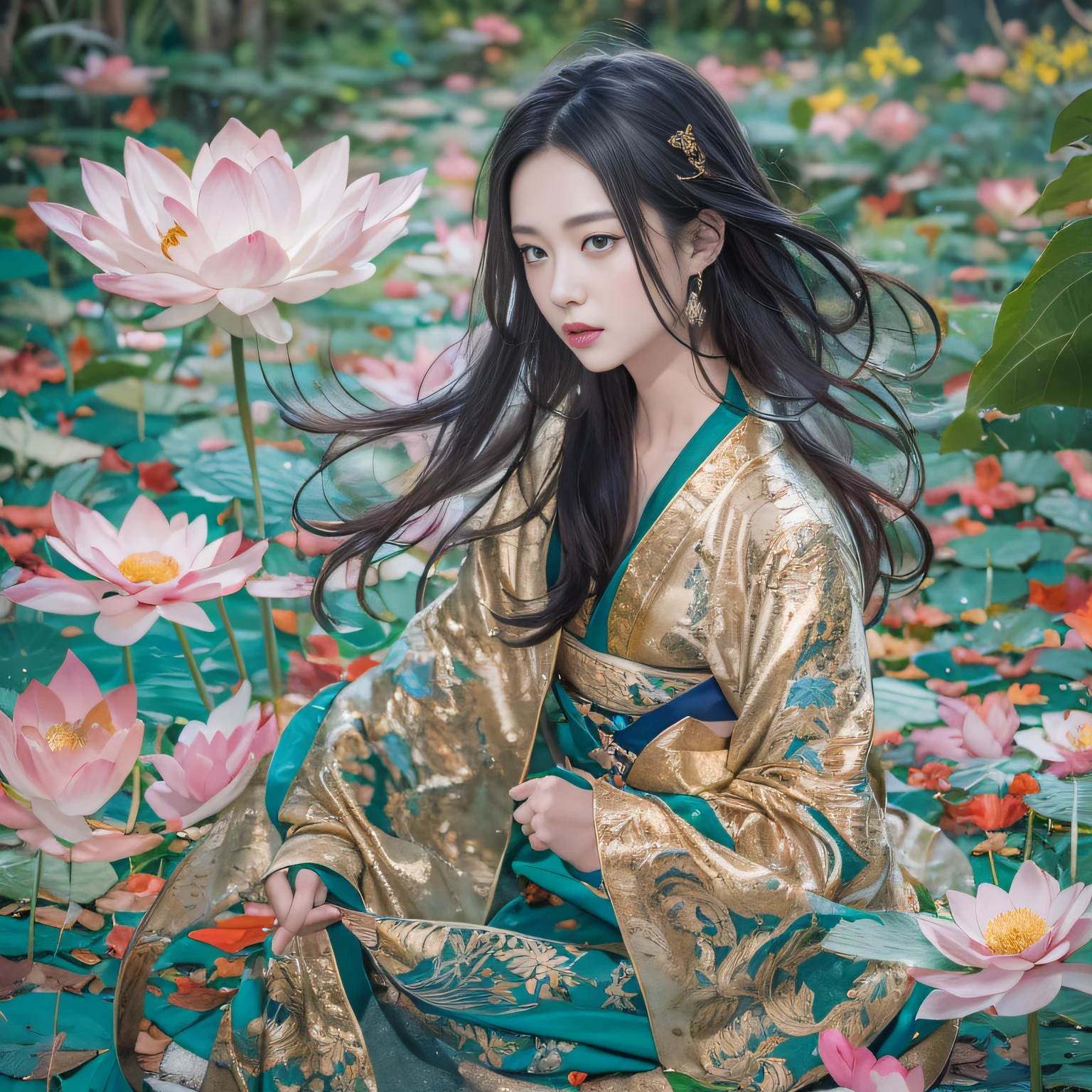 32K（tmasterpiece，k hd，hyper HD，32K）Long flowing black hair，ponds，zydink， a color，  Xuzhou people （seductiv）， （Rinse women's bloodshot scarves）， Mahjong gesture， looking at the ground， Maruko long hair， Floating hair， Carp pattern headdress， Chinese long-sleeved gold silk armor， （Abstract gouache splash：1.2）， Pink petal background，Pink and white lotus flowers fly（realisticlying：1.4），Black color hair，Fallen leaves flutter，The background is pure， A high resolution， the detail， RAW photogr， Sharp Re， Nikon D850 Film Stock Photo by Jefferies Lee 4 Kodak Portra 400 Camera F1.6 shots, Rich colors, ultra-realistic vivid textures, Dramatic lighting, Unreal Engine Art Station Trend, cinestir 800，Long flowing black hair，Transparent blue gauze clothes