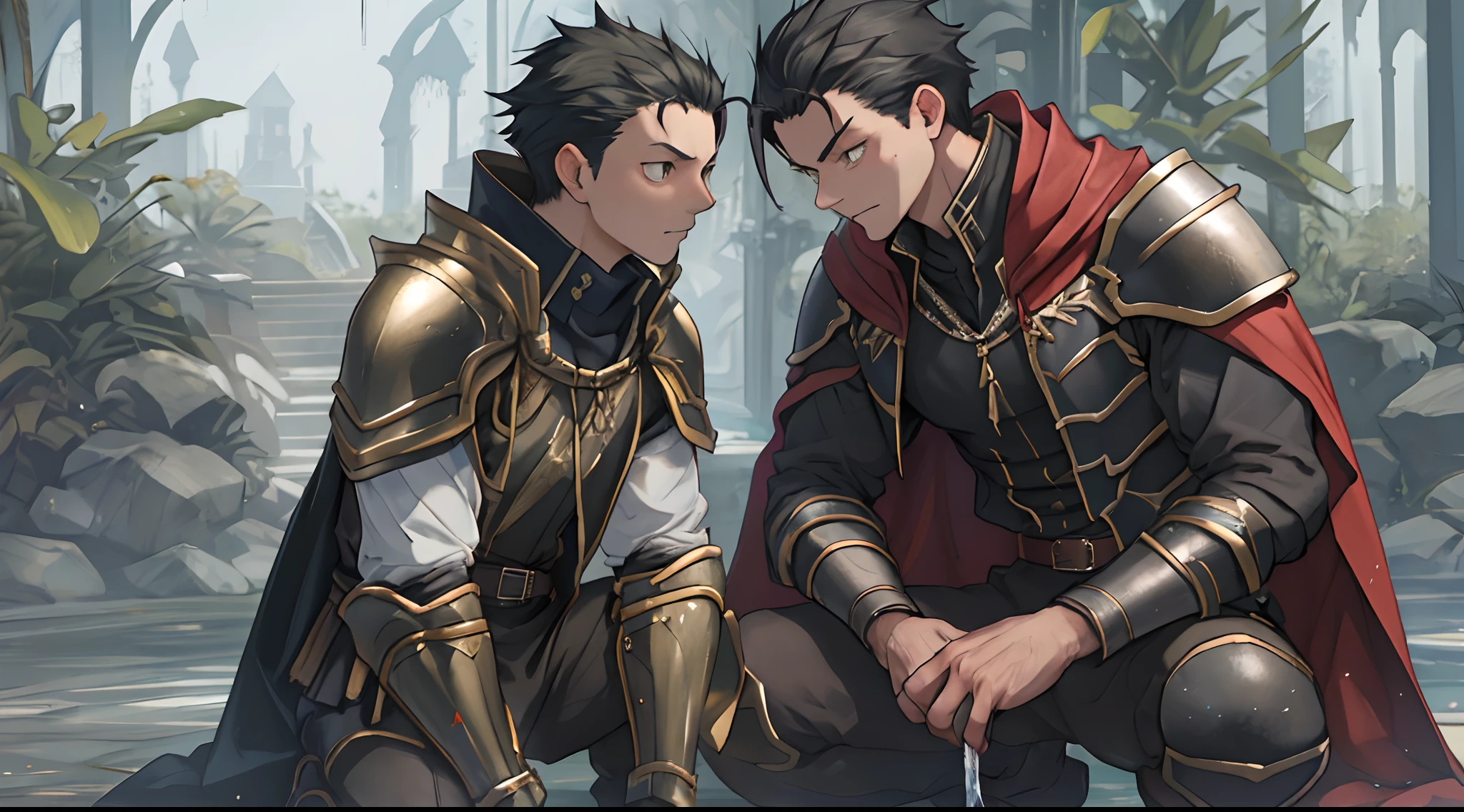 (1 Adult male),A high resolution, Sharp focus, Pixiv masterpiece, ((Complicated details)), highly detailed, natsuki_subaru, 1 man,Wear tight combat uniforms,Wear armor,perfect male figure,Urine on the trouser leg, Nervously bow your head,is shy,embarressed,exhilarated,is shocked,panicking,worry,A pool of urine formed around him,Very eager to pee,Unbearable,Wet yourself,Urine discharge,full bodyesbian,kneels on the ground,Tired,decadent, Yellow eyes(eyes glowing), Black hair short hair,Armour,Tie a belt,Cloaked,Cloak,Shoulder armor,perspire,Drenched,Get wet,pissing,urine flows down the pants,look from down