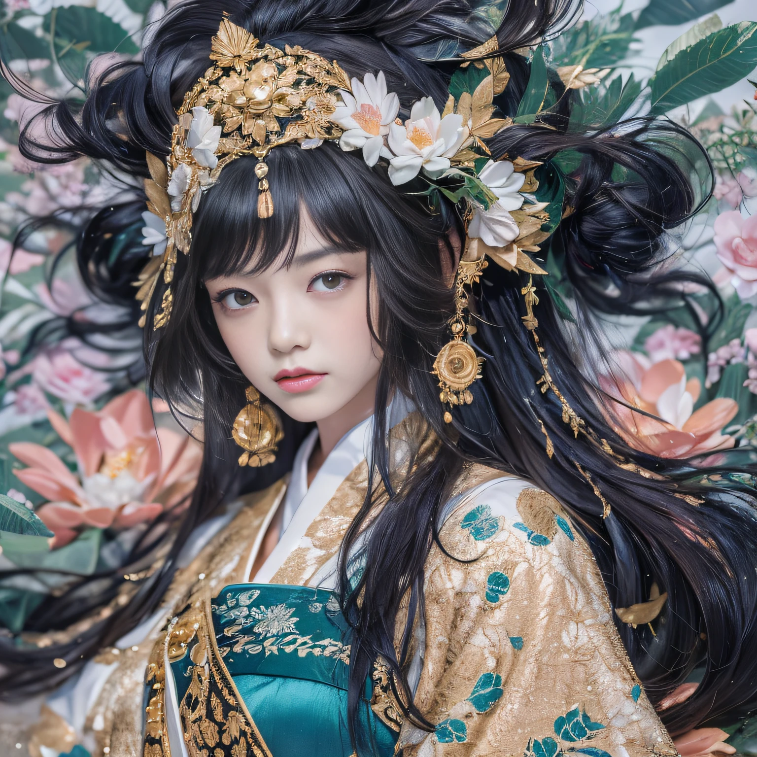 32K(tmasterpiece,k hd,hyper HD,32K)Long flowing black hair,ponds,zydink, a color, Xuzhou people (seductiv), (Rinse women's bloodshot scarves), Mahjong gesture, looking at the ground, Maruko long hair, Floating hair, Carp pattern headdress, Chinese long-sleeved gold silk armor, (Abstract gouache splash:1.2), Pink petal background,Pink and white lotus flowers fly(realisticlying:1.4),Black color hair,Fallen leaves flutter,The background is pure, A high resolution, the detail, RAW photogr, Sharp Re, Nikon D850 Film Stock Photo by Jefferies Lee 4 Kodak Portra 400 Camera F1.6 shots, Rich colors, ultra-realistic vivid textures, Dramatic lighting, Unreal Engine Art Station Trend, cinestir 800,Long flowing black hair,Transparent blue gauze clothes