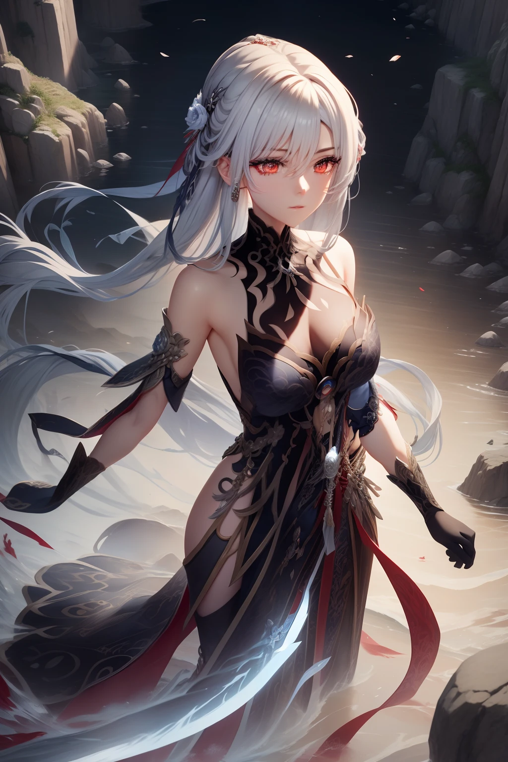 Anime girl with long silver hair, red eyes, wearing an open shoulder dark blue dress, standing in front of a castle, beautiful angelic swordsman, style image from genshin impact.