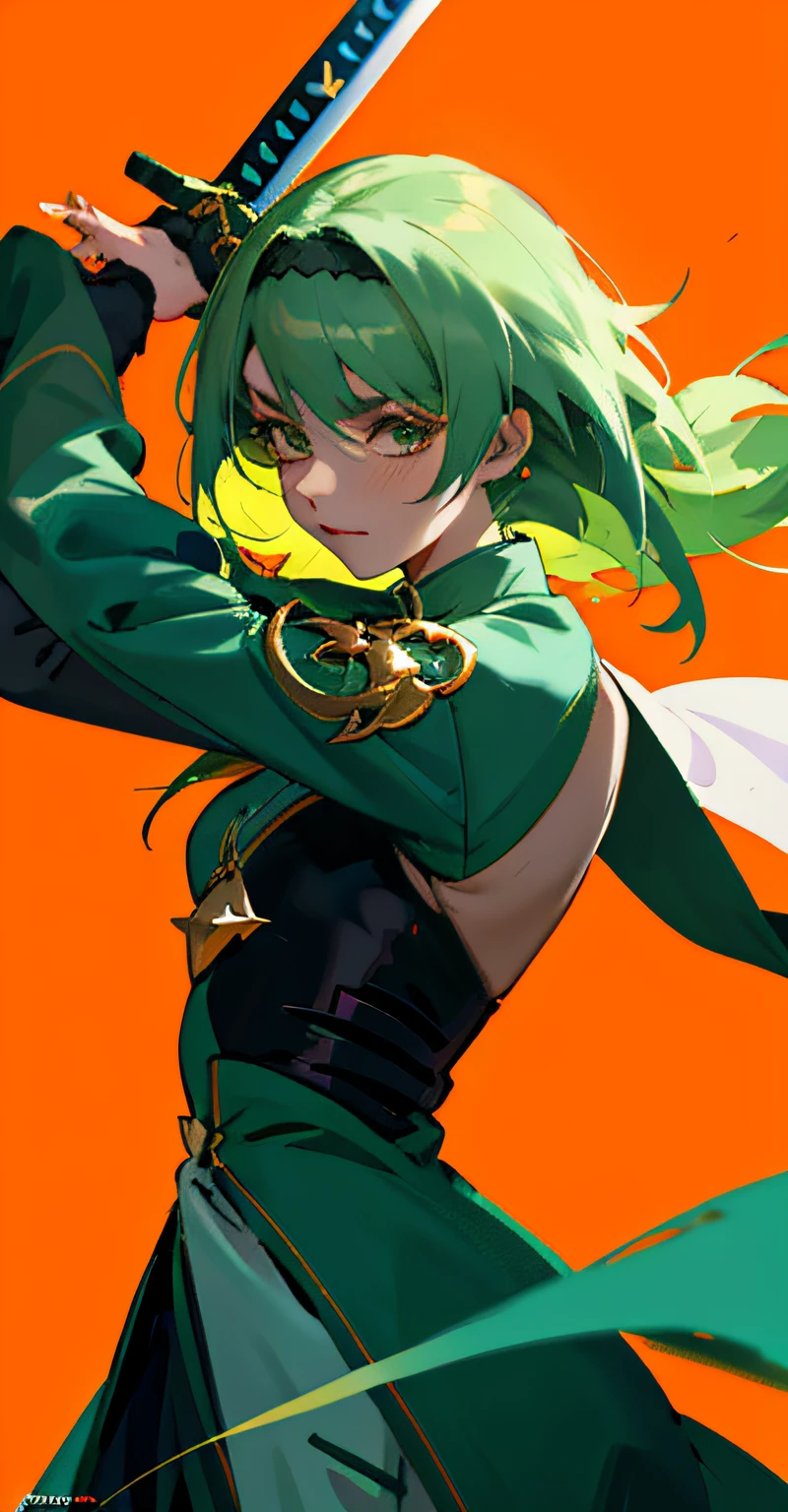 [Morgan le Fay] by harryfinney, in the style of pop art-inspired visuals, album covers, green olive and gold,  bold manga lines, rtx, dinopunk,metal