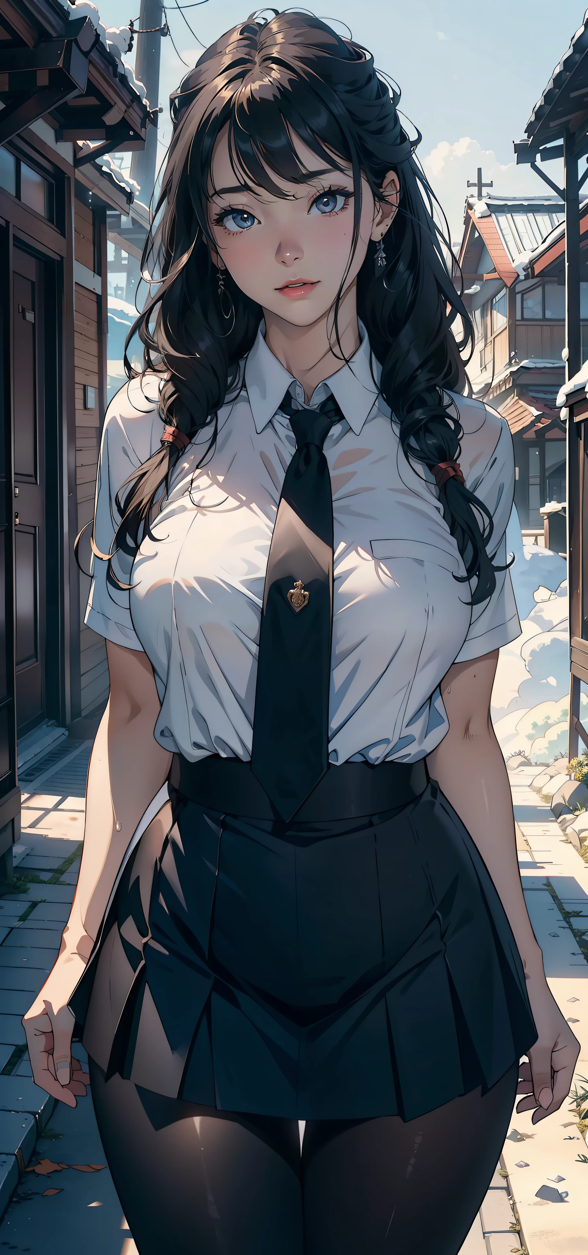 1female,25 age old,Large breasts,Pornographic exposure, 独奏,(Background with:ports,coniferous forest,at winter season,Snow on the ground) with his long black hair, nakeness,比基尼,standing on your feet,Sweat profusely,drenched all over the body,seen from the front, curlies, mostly cloudy sky,(((tmasterpiece),(Very detailed CG unity 8K wallpaper),best qualtiy,cinmatic lighting,detailed back ground,beatiful detailed eyes,Bright pupils,(Very fine and beautiful),(Beautiful and detailed eye description),ultra - detailed,tmasterpiece,)),facing at camera,A high resolution,ultra - detailed),revealing breasts,Bare genitalia, Bulge,Camel toes,Raised sexy,Flushed complexion,Open-mouthed,frontage,(Wearing:White shirt,black necktie,JK skirt,Pantyhose)