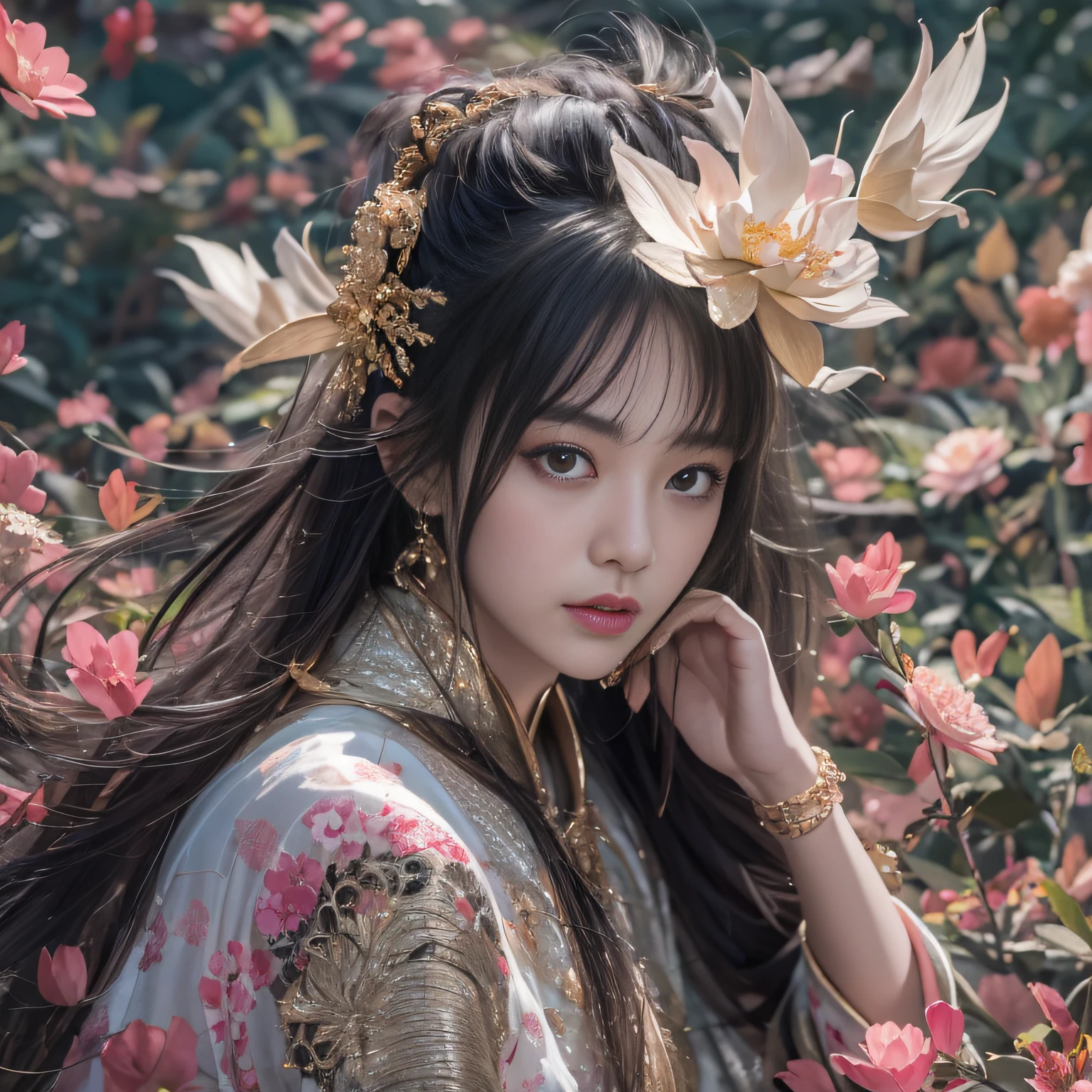 32K(tmasterpiece,k hd,hyper HD,32K)Long flowing black hair,ponds,zydink, a color, Xuzhou people (Slightly drunk girls), (Rouge scarf), Combat posture, looking at the ground, long whitr hair, Floating hair, Carp pattern headdress, Chinese long-sleeved taupe pink garment, (Abstract gouache splash:1.2), Pink petal background,Pink and white lotus flowers fly(realisticlying:1.4),Black color hair,Fallen leaves flutter,The background is pure, A high resolution, the detail, RAW photogr, Sharp Re, Nikon D850 Film Stock Photo by Jefferies Lee 4 Kodak Portra 400 Camera F1.6 shots, Rich colors, ultra-realistic vivid textures, Dramatic lighting, Unreal Engine Art Station Trend, cinestir 800,Long flowing black hair,see-through transparent clothes