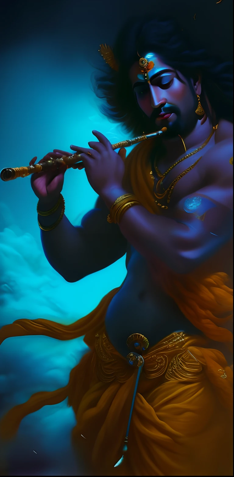 a close up of a painting of a man playing a flute, the god of music, inspired by Kailash Chandra Meher, indian god, hd wallpaper, by Max Dauthendey, detailed painting 4 k, vishnu, divine, mesmerizing pose, pure, godrays digital painting, mobile wallpaper, by Saurabh Jethani, blue djinn, hindu god, wallpaper mobile, shiva