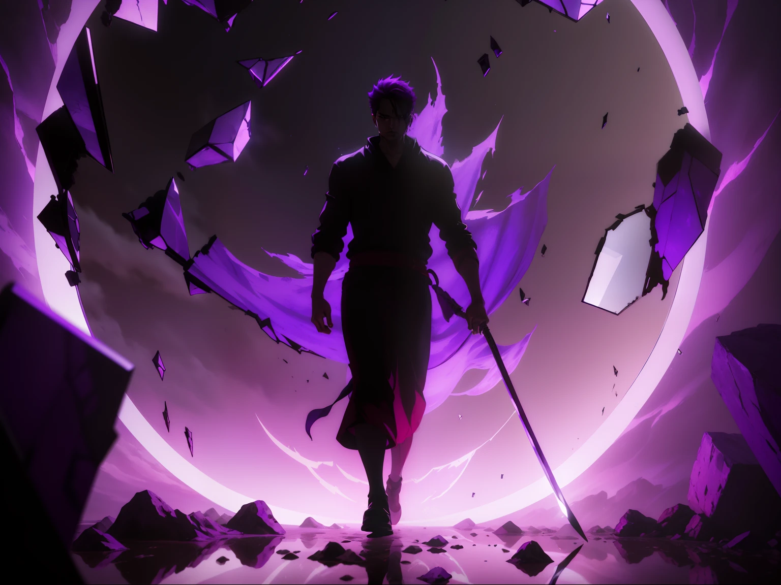 "The protagonist emerges from the broken mirror，The mirror emits faint purple energy，A red streamer floated out from the protagonist's eyes，He holds a katana 3D in his right hand"