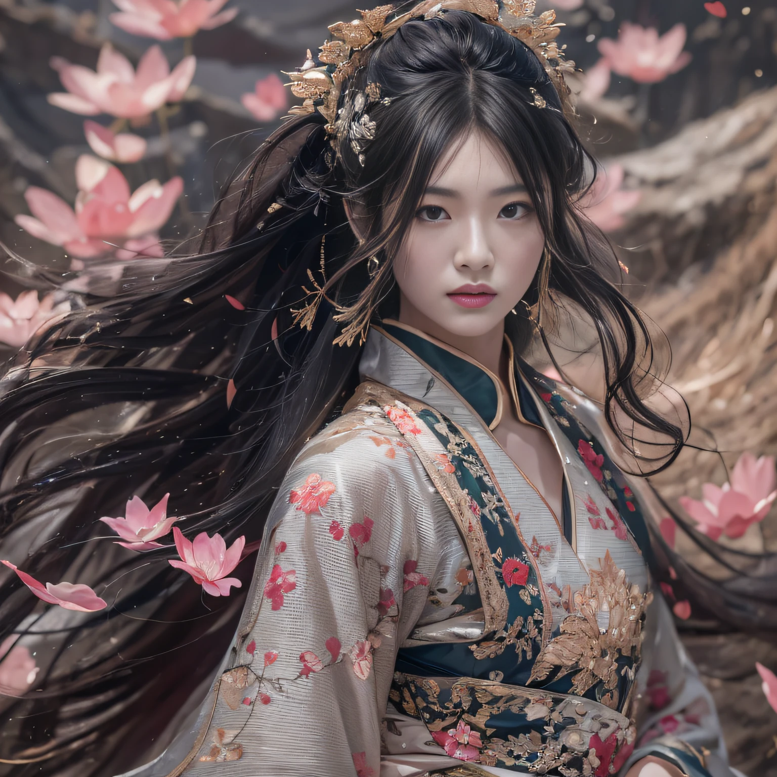32K(tmasterpiece,k hd,hyper HD,32K)Long flowing black hair,ponds,zydink, a color, Xuzhou people (Slightly drunk girls), (Rouge scarf), Combat posture, looking at the ground, long whitr hair, Floating hair, Carp pattern headdress, Chinese long-sleeved taupe pink garment, (Abstract gouache splash:1.2), Pink petal background,Pink and white lotus flowers fly(realisticlying:1.4),Black color hair,Fallen leaves flutter,The background is pure, A high resolution, the detail, RAW photogr, Sharp Re, Nikon D850 Film Stock Photo by Jefferies Lee 4 Kodak Portra 400 Camera F1.6 shots, Rich colors, ultra-realistic vivid textures, Dramatic lighting, Unreal Engine Art Station Trend, cinestir 800,Long flowing black hair,see-through transparent clothes