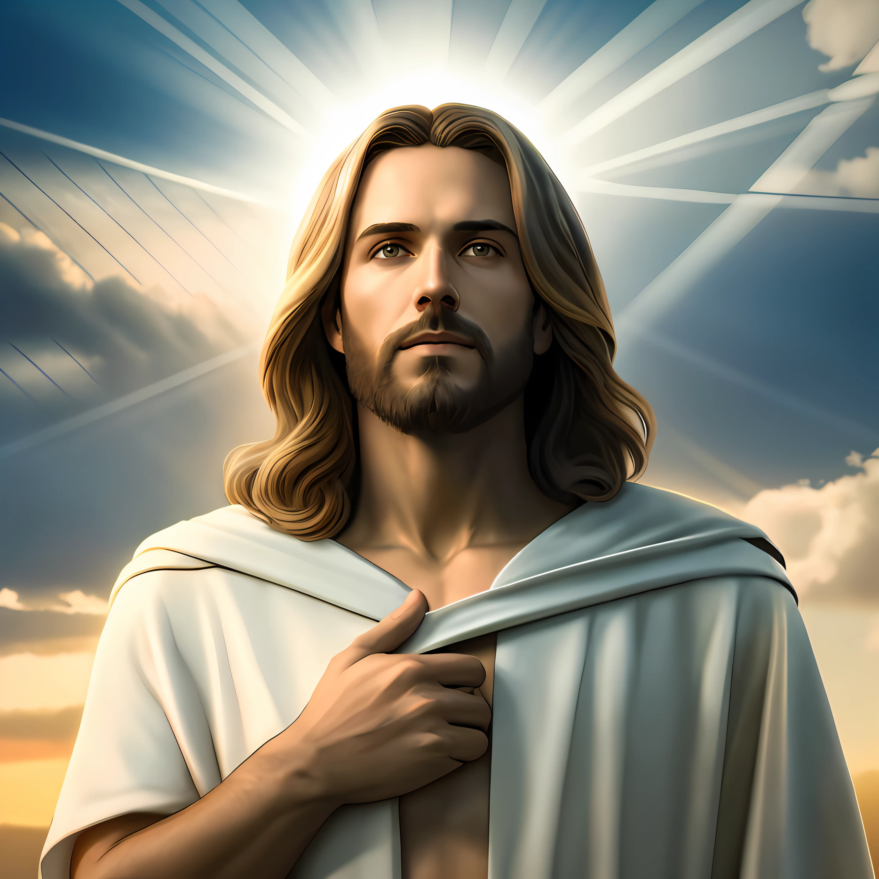 Jesus is holding his robe over his chest and looking up at the sky, Jesus Cristo, Retrato de Jesus Cristo, Jesus, Jesus Cristo em Mass Effect, Vestido como Jesus Cristo, Tron legado Jesus Cristo, Greg Olsen, Raios de Luz Sagrada Sagrada, jesus of nazareth, raios de deus brilhantes, deus raios solares, glowing halo above his head, Jovem Deus Todo-Poderoso, Tron legado Jesus