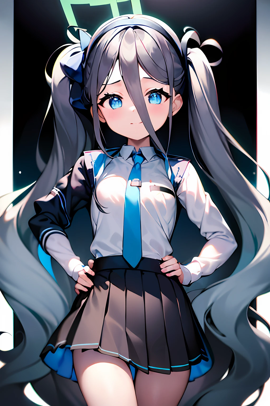 blue archive.Tendo Alice.put hands on the hip.up chest.large full breasts.look from above.(pigtails hair),(length hair),(long bangs),(black hairband),(long court),(student clothes),(White long-sleeved shirt),(pleatedskirt),(Navy blue skirt),blue tie.short stature.
