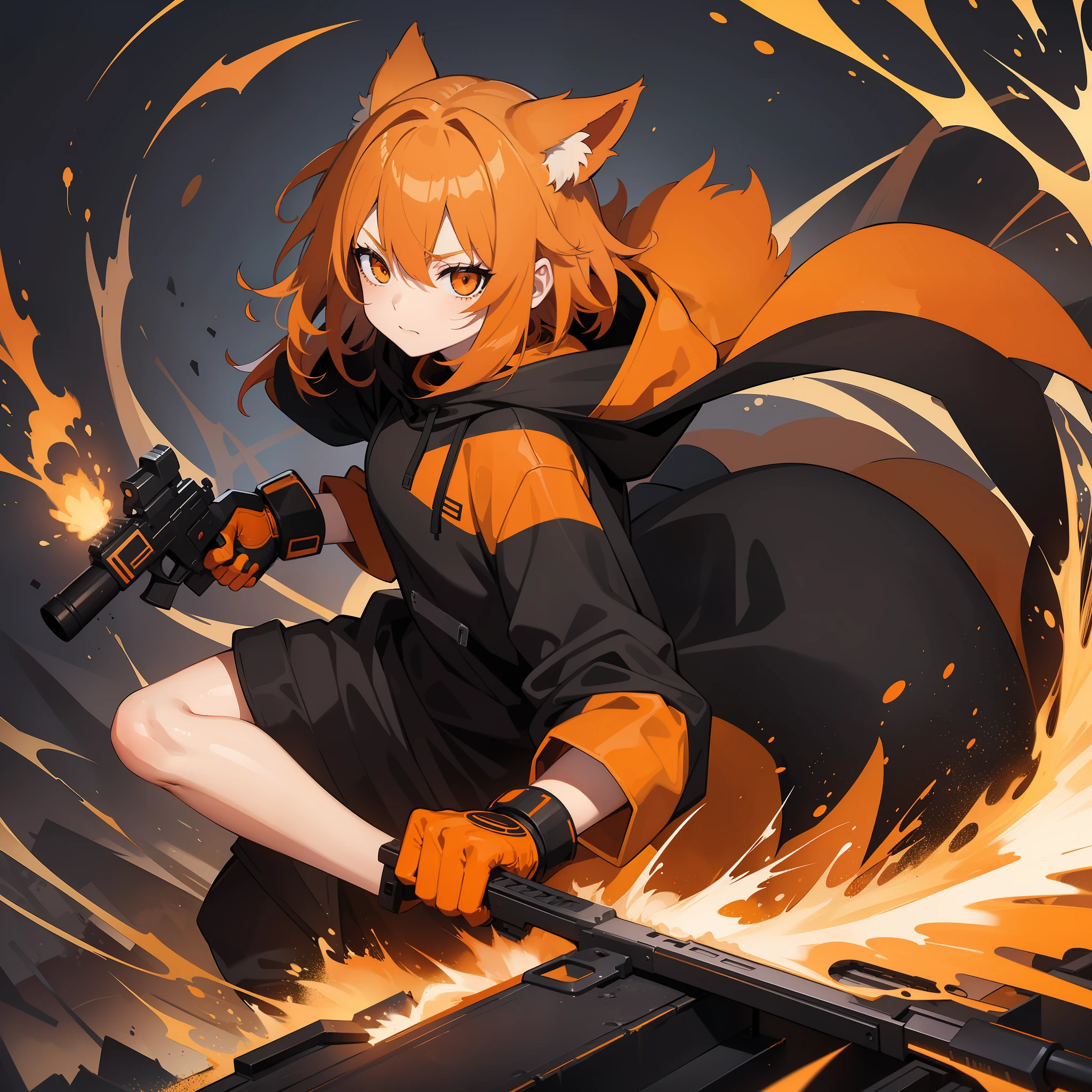 1girl, orange short messy hair, light orange hair, light orange oversized fox hoodie, fox hoodie, hoodie, black gloves, holding gun, on the forest, scouting, orange eyes, enthusiastic, serious, holding weapon, black ears, holding shotgun, shotgun, bullets, shooting, explosion, black medium socks, big hoodie, hood, fox hood