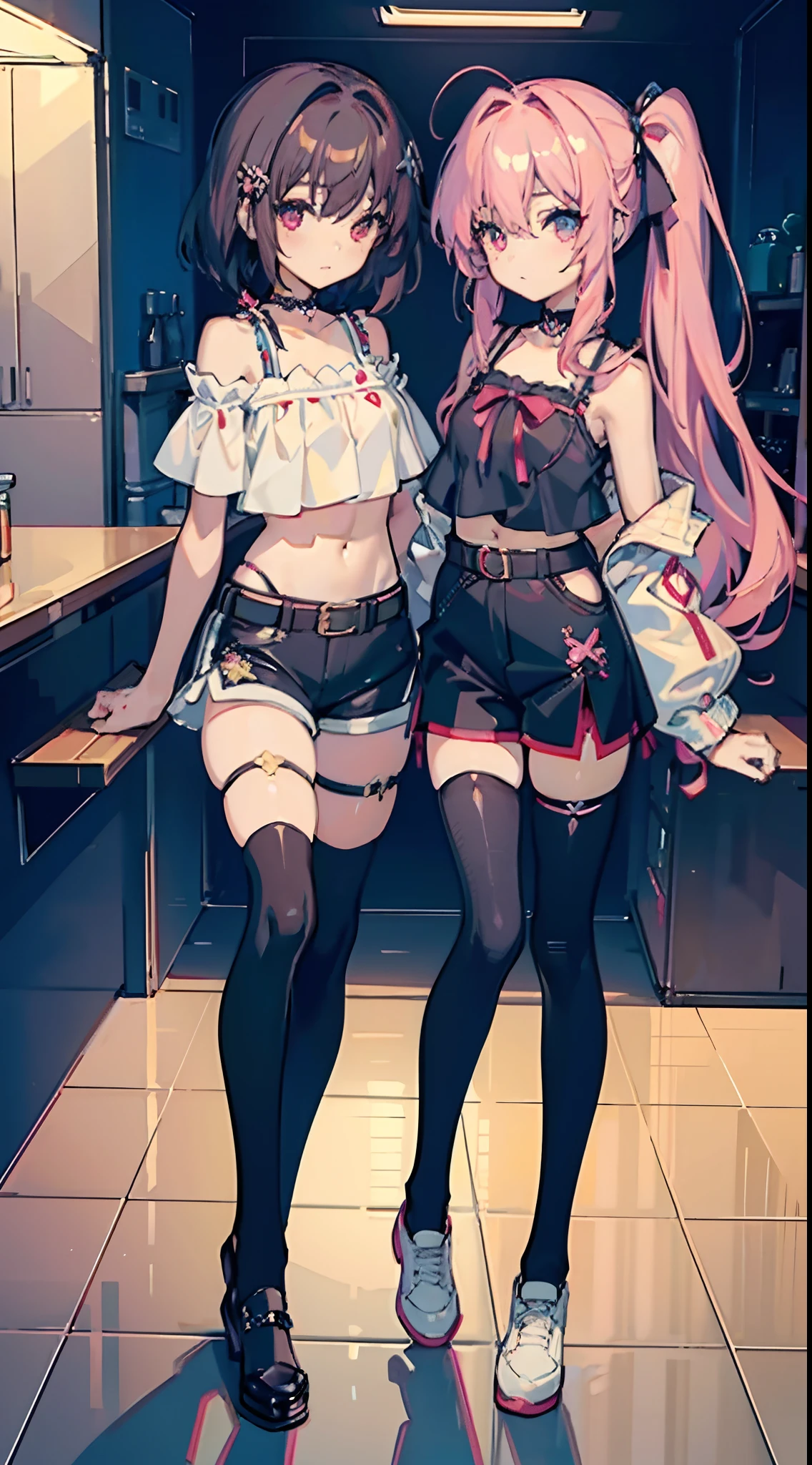 ,twins, Masterpiece,Best quality,offcial art,Extremely detailed Cg Unity 8K wallpaper, 2girls, cute female child, Yuri, hair adornments, Short shorts, Crop top, Pantyhose, ribbon_choker necklace, leg belt,