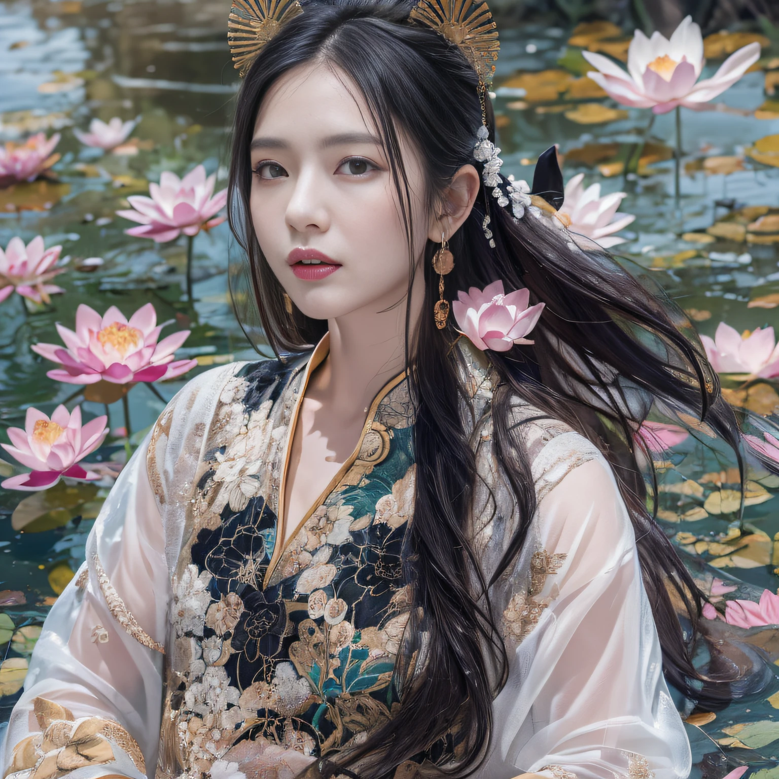 32K(tmasterpiece,k hd,hyper HD,32K)Long flowing black hair,Wine forest meat pool,zydink, a color, Xuzhou people (seductiv), (Scarlet and silver-white scarf), Combat posture, looking at the ground, long whitr hair, Floating hair, Carp pattern headdress, Chinese long-sleeved cheongsam, (Abstract gouache splash:1.2), Pink petal background,Pink and white lotus flowers fly(realisticlying:1.4),Black color hair,Fallen leaves flutter,The background is pure, A high resolution, the detail, RAW photogr, Sharp Re, Nikon D850 Film Stock Photo by Jefferies Lee 4 Kodak Portra 400 Camera F1.6 shots, Rich colors, ultra-realistic vivid textures, Dramatic lighting, Unreal Engine Art Station Trend, cinestir 800,Long flowing black hair,see-through transparent clothes