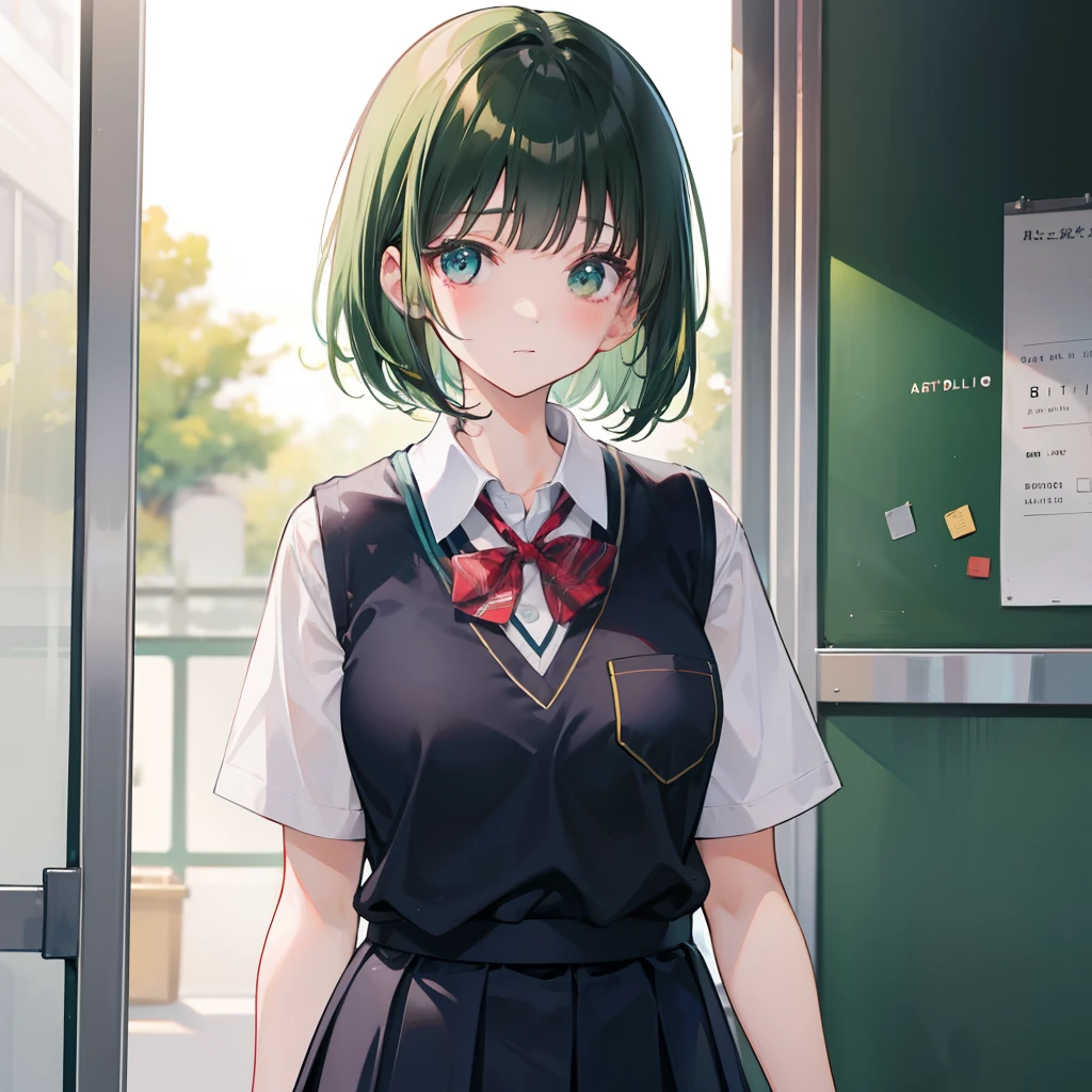 Short dark green hair and flush bangs，School uniform soft girl