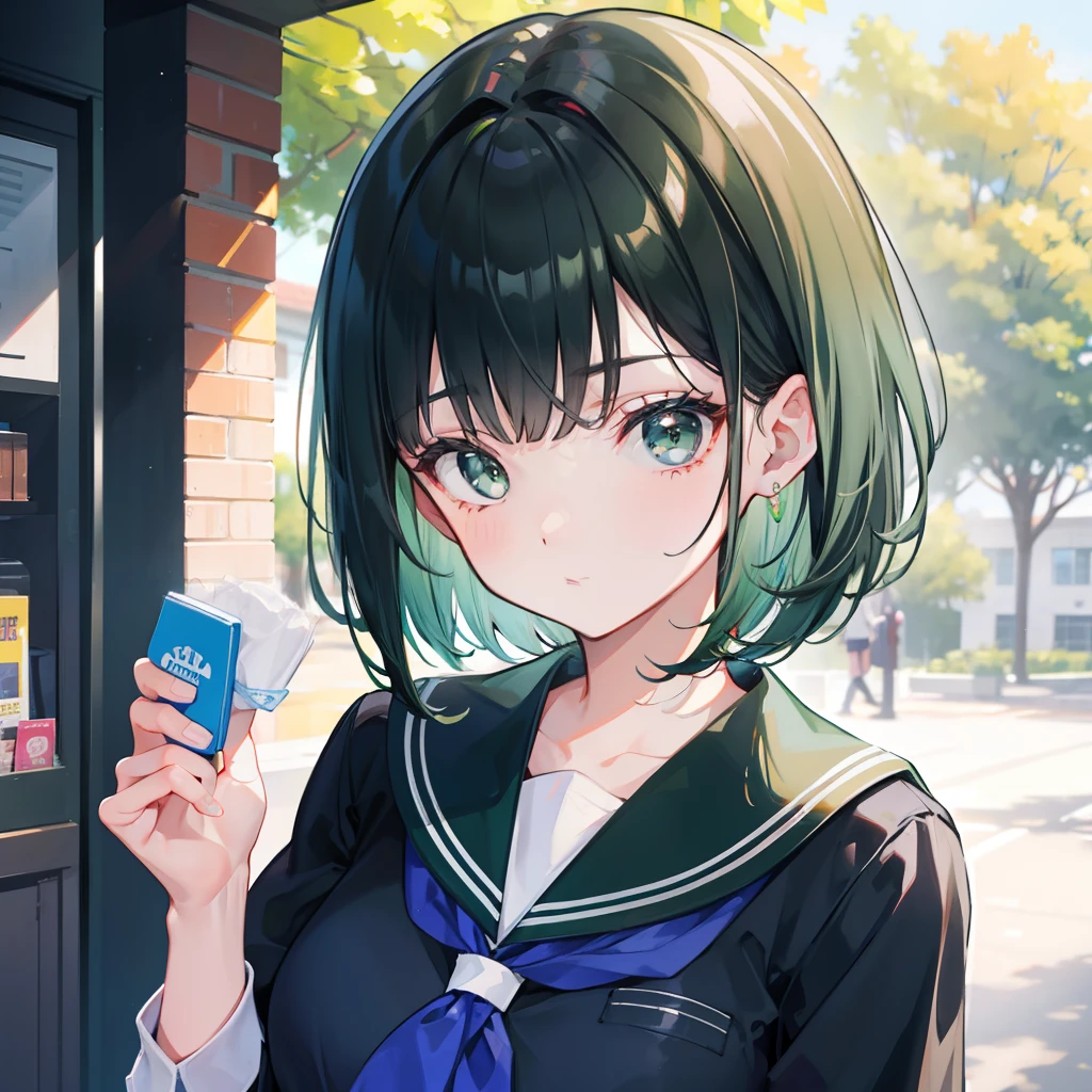 Short dark green hair and flush bangs,School uniform soft girl