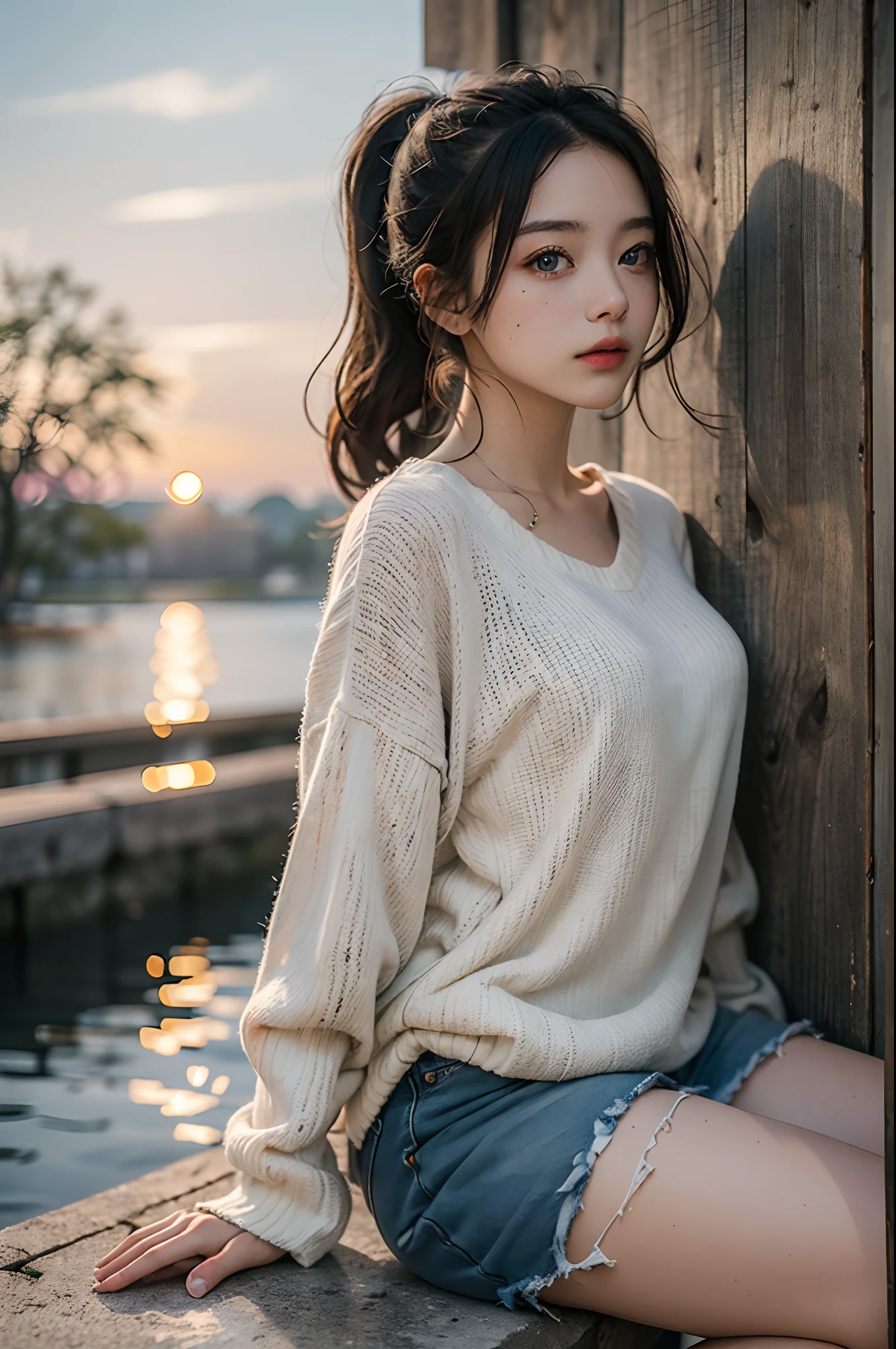(highest quality, hight resolution, masterpiece:1.3) dusk, sunset, A girl, 19years old, short cut, ponytail, white shirt, White sneakers, denim miniskirt, realisitic, ultra-detailliert, Slimed, BREAK Sitting on the riverbank, with her cheeks in her hands, upper body, face focus, Look at viewers, A dark-haired, blue eyes, BREAK dynamic light and shadow, hight resolution, foco nítido, depth of fields, A detailed eye