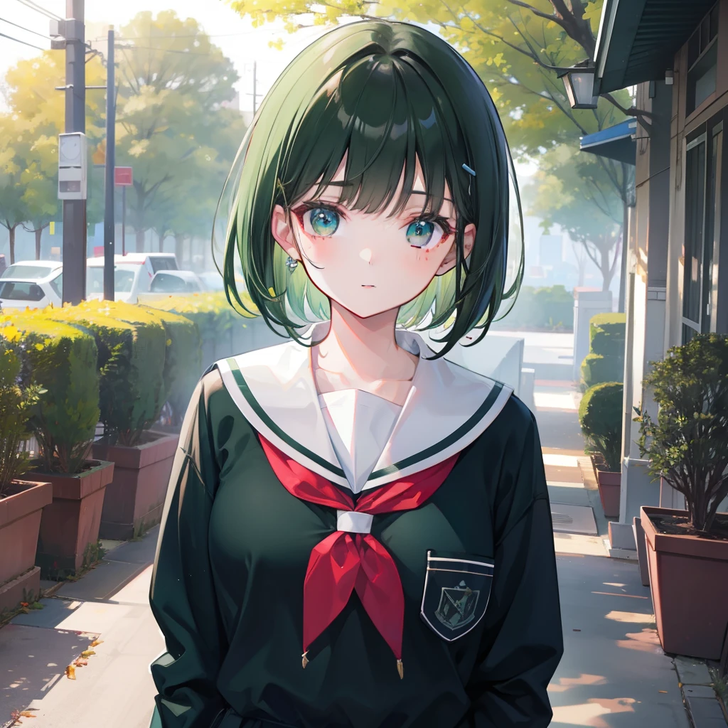 Short dark green hair and flush bangs，School uniform soft girl