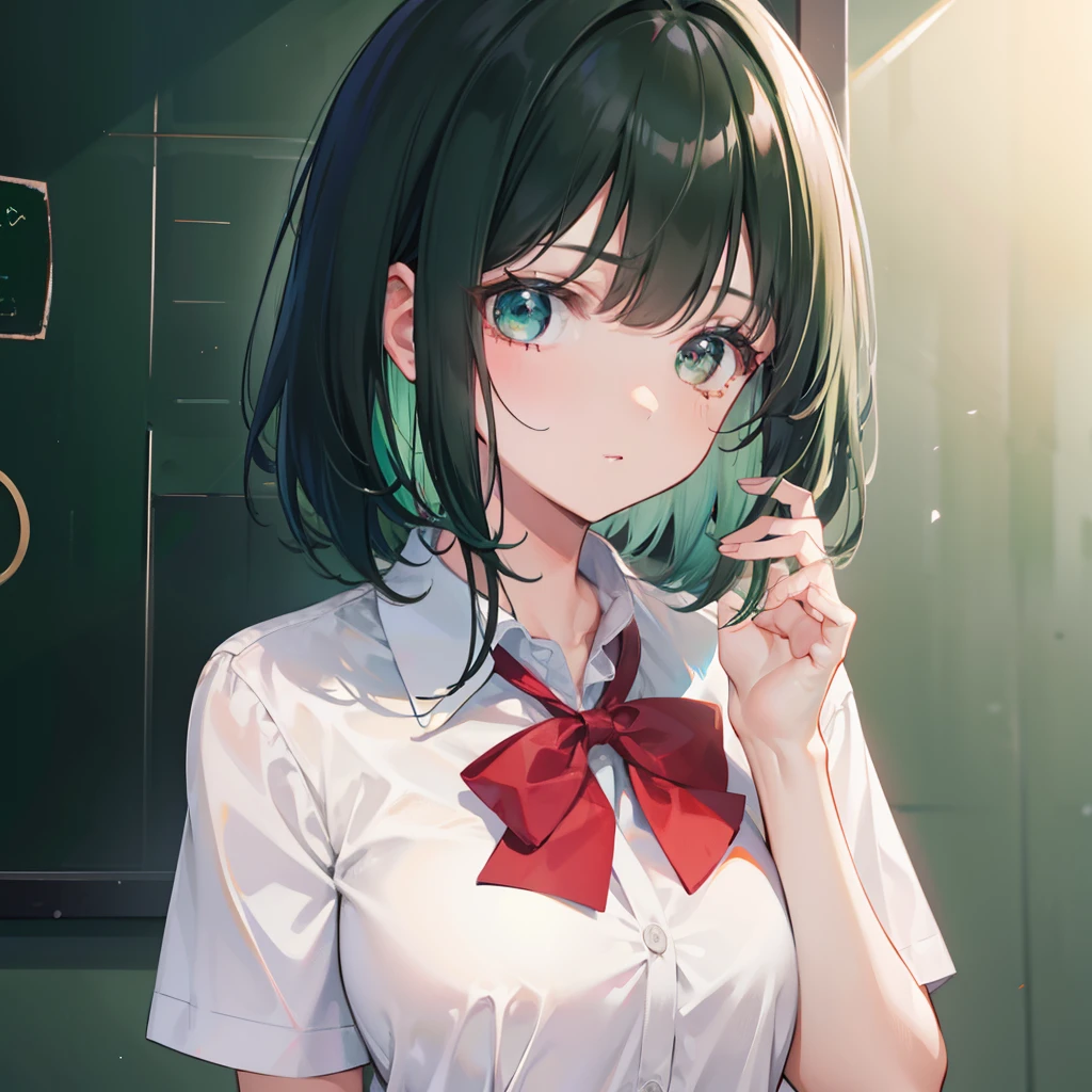 Short dark green hair and flush bangs，School uniform soft girl