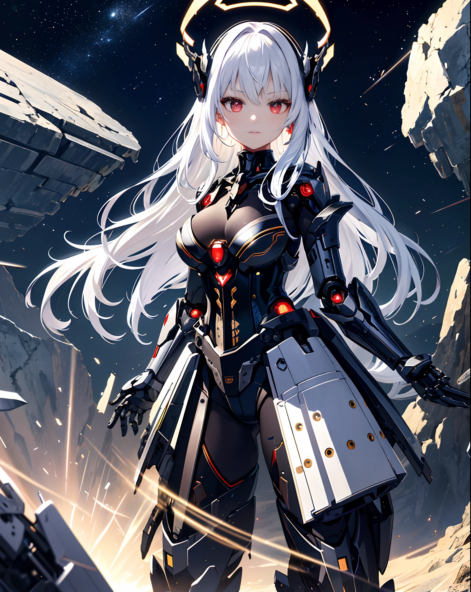 masterpiece,best quality,ultra-detailed,very detailed illustrations,extremely detailed,intricate details,highres,super complex details,extremely detailed 8k cg wallpaper,cowboy shot, caustics,reflection,ray tracing,demontheme,nebula,dark aura,cyber effect, (1girl:1.4),solo,alone,mecha musume,mechanical parts, robot joints,single mechanical arm, headgear, mechanical halo,star halo,intricate mechanical bodysuit, mecha corset, kimono, full armor, very long hair,white hair, hair between eyes, multicolored hair, colored inner hair, red eyes,glowing eye,eye trail, random expressions,random action, ancient japanese architecture,pond, starry sky,skyline,