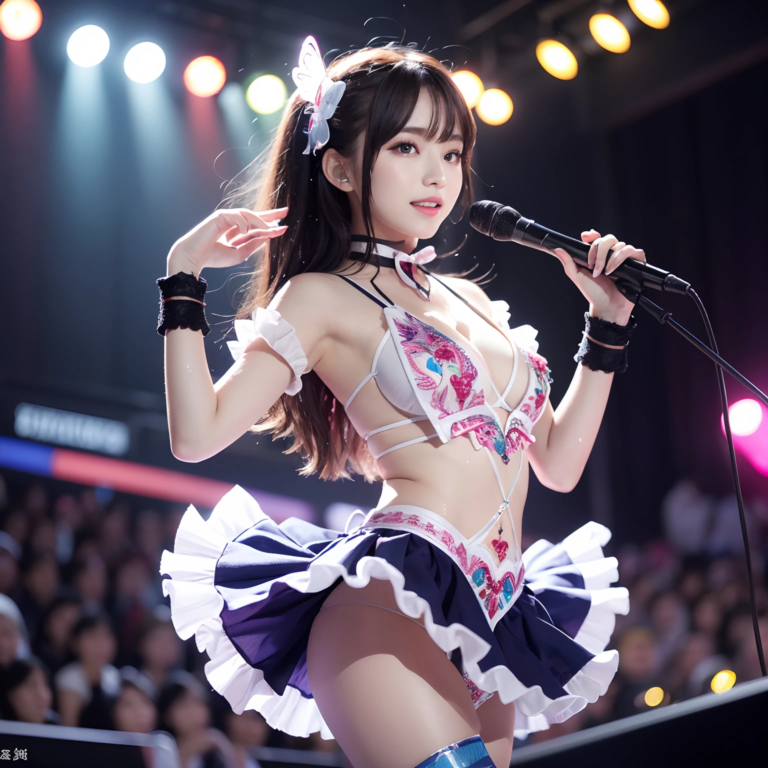 Illustration, cinematic light, high resolution, best quality, ultra detailed, detailed face, (detailed eyes), highest quality, ultra detailed, masterpiece, (detailed face), pretty face, best smile, sexy mature woman transparent (ultra-detailed embroidery and ribbons, idol outfit: 1.5), ruffled miniskirt, cloth, choker, open cloth, NSFW, high heels, blue eyes, neon small shiny hair edges, AI fantasy concert, glowing lighting with neon details, idol, (live stage: 1.15), (holding the microphone with left hand singing: 15), singing with butt sticking out: 5, (to a packed audience in the background), light reflection, heart-shaped iris, playful eyes, open shoulders, (wet body), small shining butterfly, hair jewelry, panties, cute panties: 1.5, 18 years old, Nogizaka idol, Actress, Korean Idol, Gravure Idol