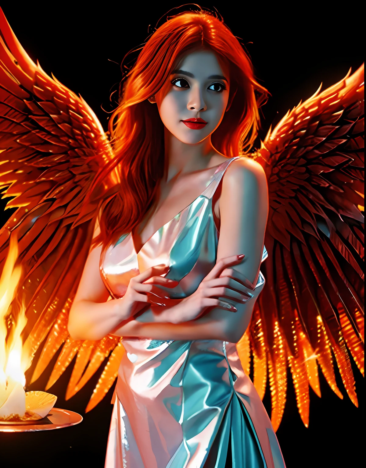A beautiful angel, with red hair turning to fire, An angel woman, (((pechos grandes, An angel with wings of fire))), Transmite calidez y paz, papel tapiz, 8k, Detalles intrincados, obra-prima