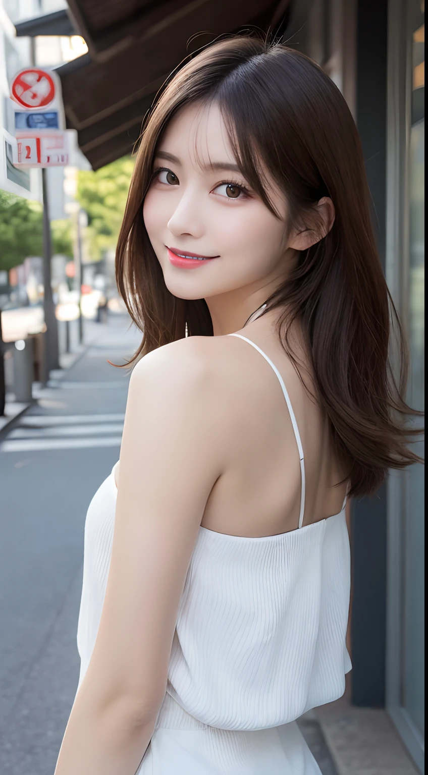 masutepiece, Best Quality, Illustration, Ultra-detailed, finely detail, hight resolution, 8K Wallpaper, Perfect dynamic composition, Beautiful detailed eyes, doress,Medium Hair, mid-chest, Natural Color Lip, Random and sexy poses,Smile,Aoyama Street Walk、20 years girl