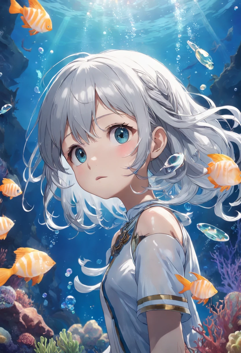 Undersea juvenile silver-haired shell house,Girl with short white hair,Flying strands of hair,Colorful bubbles,A plant,Sparkling,ocean floor,( reasonable design, Clear lines, High sharpness,Best quality, Very detailed, Masterpiece, movie light effect, 4K )