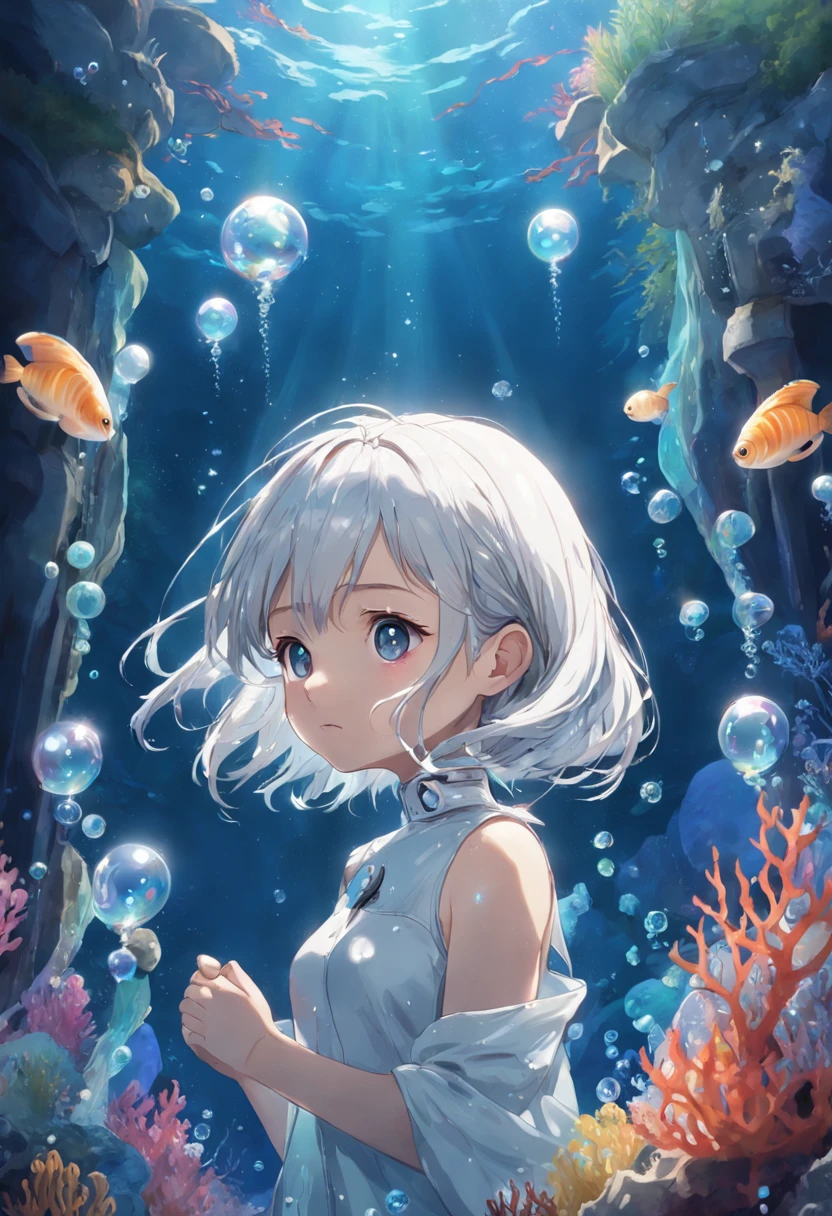 Undersea juvenile silver-haired shell house,Girl with short white hair,Flying strands of hair,Colorful bubbles,A plant,Sparkling,ocean floor,( reasonable design, Clear lines, High sharpness,Best quality, Very detailed, Masterpiece, movie light effect, 4K )