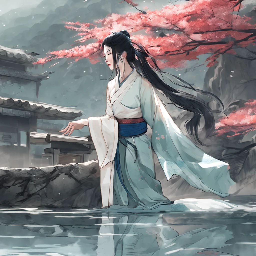 ((4k,masterpiece,best quality)), shuimobysim, traditional chinese ink painting, lotus, hanfu, maxiskit, dress conservatively 1girl, solo, long blue hair, smile, standing, feet in the water, barefoot,