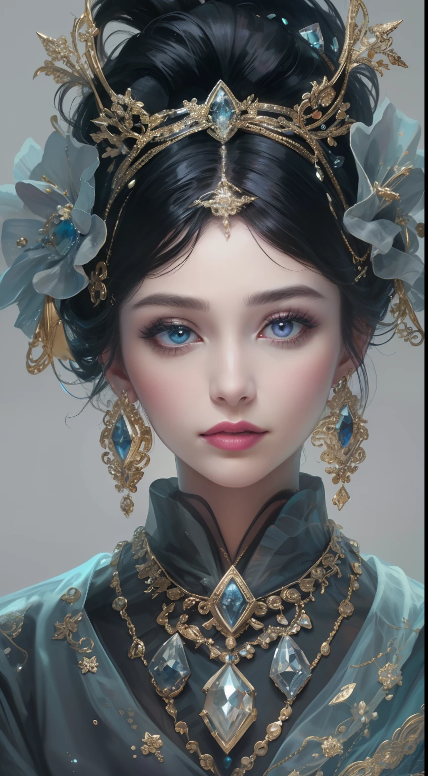 tmasterpiece，Highest high resolution，Dynamic bust of beautiful aristocratic maiden，Jet black hair is elegantly coiled，Purple clear eyes，The hair is covered with beautiful and delicate floral craftsmanship, Crystal jewelry filigree，Ultra-detailed details，upscaled。