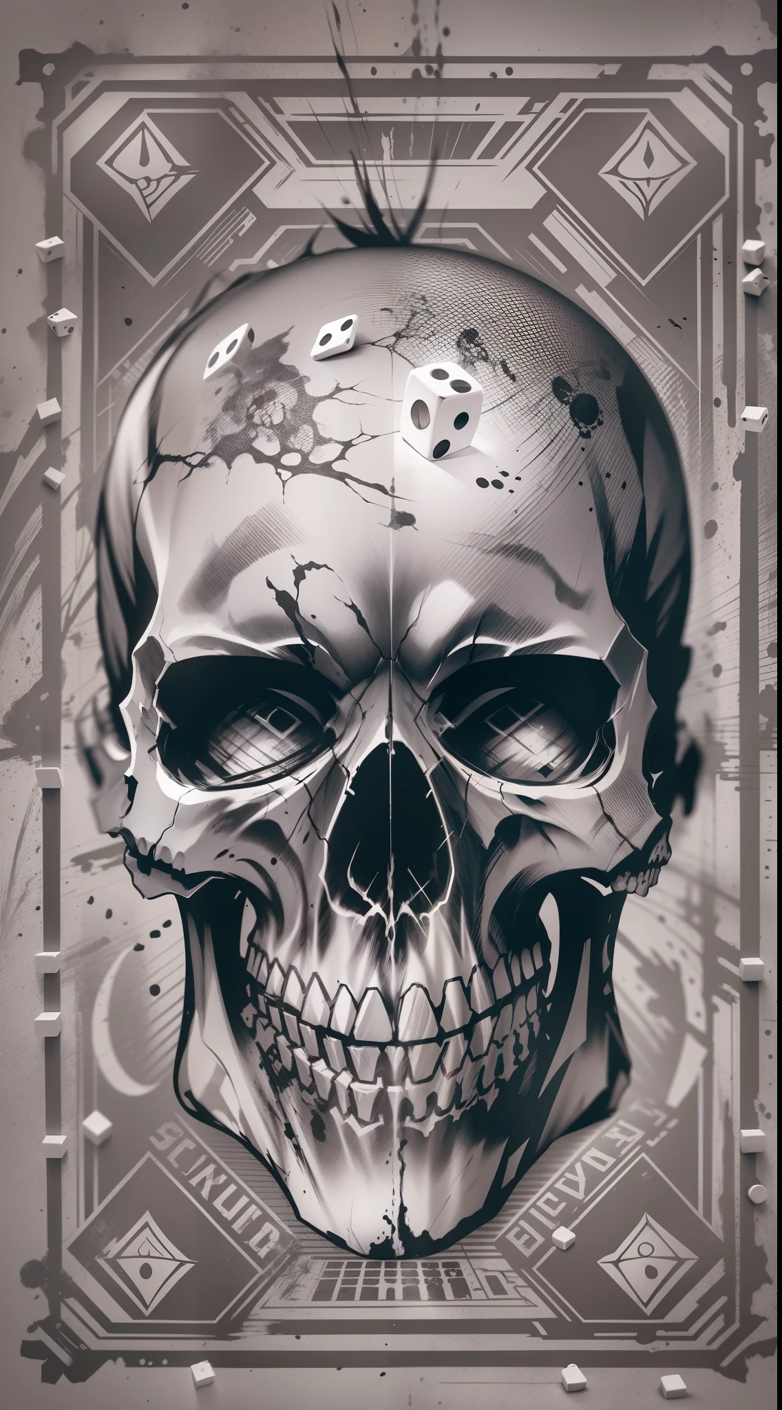 Printed T-shirt Skull Image Vector, dice player, Dark-style image, Painted image in artistic style, Image with white background, Black and white tinted image, 16k