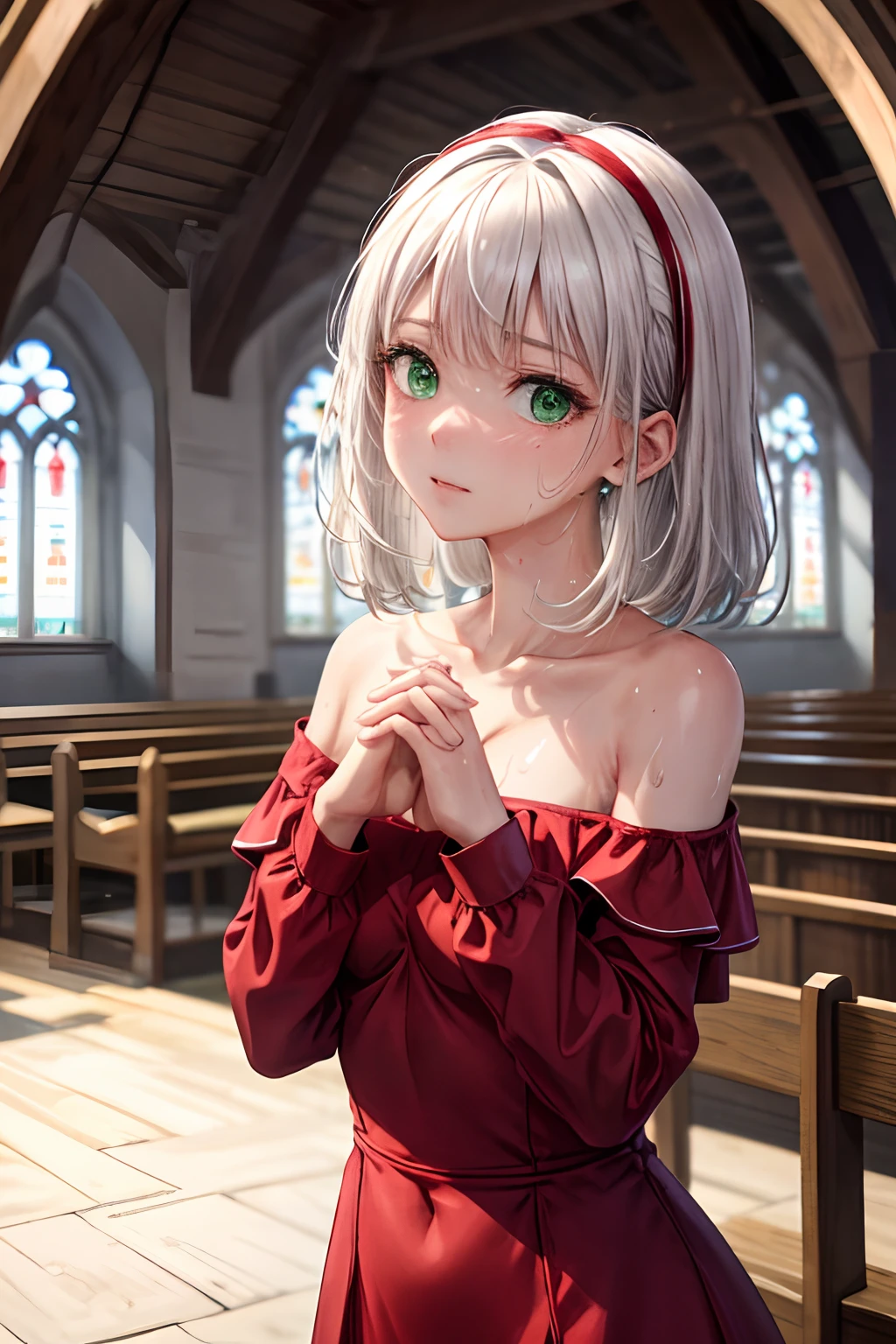 masterpiece, best quality, Fine and detailed, A high resolution, Extremely Delicately Beautiful, white hair, pose for praying in church, Close-up Shot Shot, (Green eyes), (Sweaty), red dress, cleavage, perfect bodies, pray in church, small breasts, put both hands together, Off-the-shoulder attire, sideway