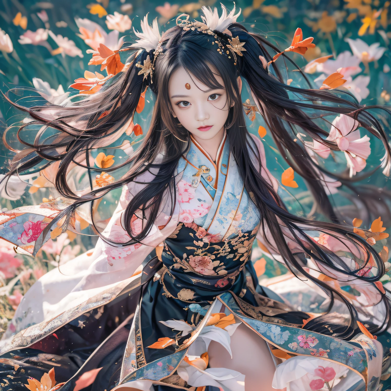 32K（tmasterpiece，k hd，hyper HD，32K）Long flowing black hair，ponds，zydink， a color，  Xuzhou people （seductiv）， （Cyan and tiled scarf）， Which fighting stance， looking at the ground， Long hair， Floating which is hairy， Carp pattern headdress， Chinese long-sleeved cheongsam， （Abstract gouache splash：1.2）， Pink petal background，Pink and white lotus flowers fly（realisticlying：1.4），Black color hair，Fallen leaves flutter，The background is pure， A high resolution， the detail， RAW photogr， Sharp Re， Nikon D850 Film Stock Photo by Jefferies Lee 4 Kodak Portra 400 Camera F1.6 shots, Rich colors, ultra-realistic vivid textures, Dramatic lighting, Unreal Engine Art Station Trend, cinestir 800，Long flowing black hair，Transparent clothes