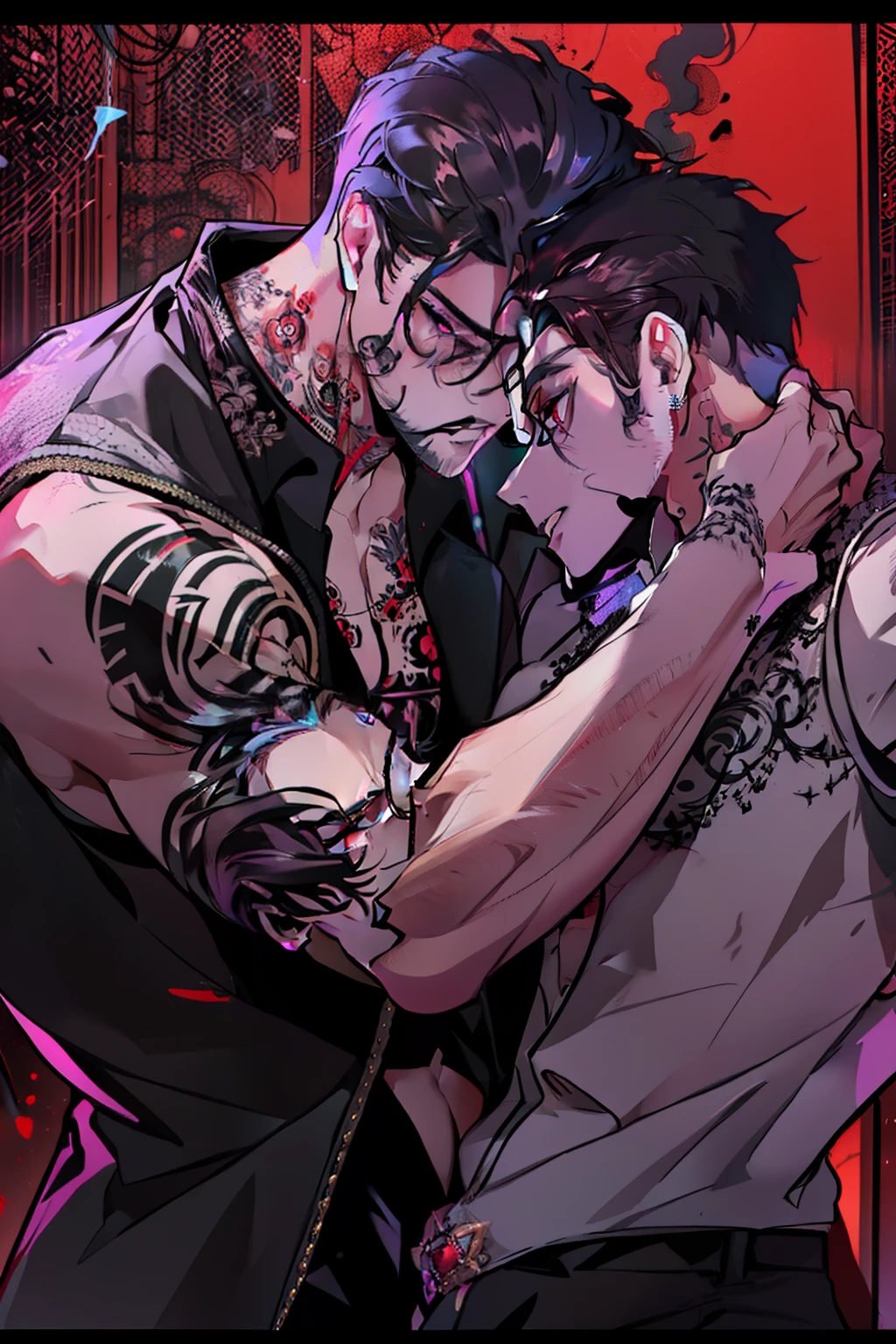 Mafia Noir Casino Gambling Bar Vampire dominant alpha gay couple macho sexy handsome demon adult men with tattoos big chest big abs slicked back hairstyle smoking red eyes charisma goth ((perfect face structure)) detailed stylized ((handsome male couple)) ((men kissing)) ((perfect eyes))