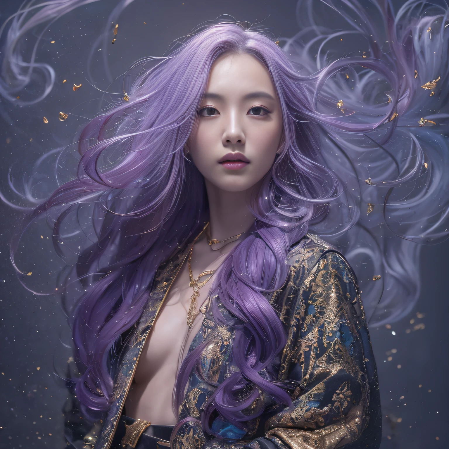 32K（tmasterpiece，k hd，hyper HD，32K）Long flowing lilac hair，Back basement，zydink， a color，  Xuzhou people （Raised sexy）， （Burgundy silk scarf）， Combat posture， looking at the ground， long whitr hair， Floating cloves， Fire cloud pattern light gold headdress， Chinese long-sleeved gold silk spacesuit， （abstract ink splash：1.2）， smoky background，Lotus protector（realisticlying：1.4），lilac purple hair，Fog on the road，smoke in the background， A high resolution， the detail， RAW photogr， Sharp Re， Nikon D850 Film Stock Photo by Jefferies Lee 4 Kodak Portra 400 Camera F1.6 shots, Rich colors, ultra-realistic vivid textures, Dramatic lighting, Unreal Engine Art Station Trend, cinestir 800，Long flowing lilac hair，Light transparent clothes
