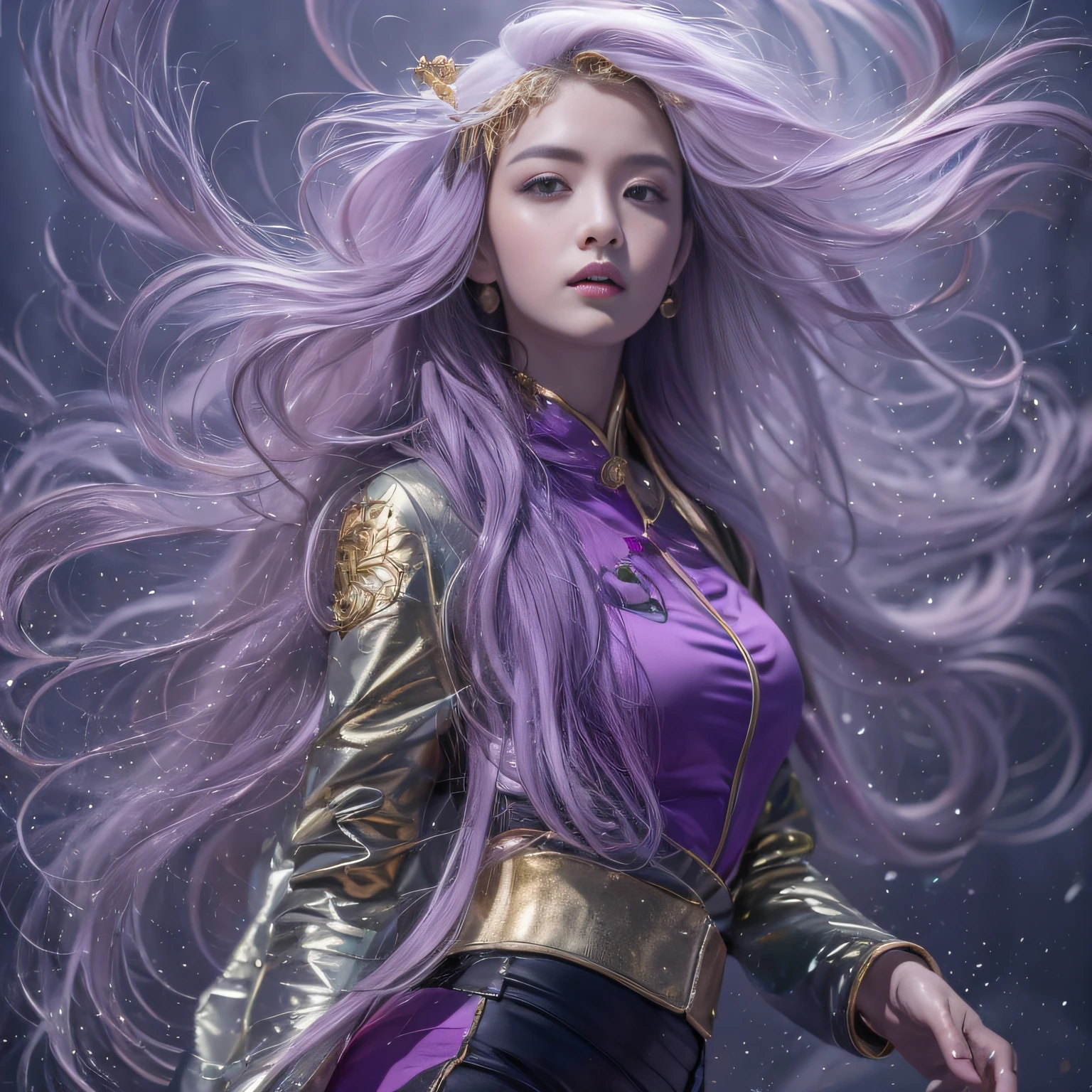 32K（tmasterpiece，k hd，hyper HD，32K）Long flowing lilac hair，Back basement，zydink， a color，  Xuzhou people （Raised sexy）， （Burgundy silk scarf）， Combat posture， looking at the ground， long whitr hair， Floating cloves， Fire cloud pattern light gold headdress， Chinese long-sleeved gold silk spacesuit， （abstract ink splash：1.2）， smoky background，Lotus protector（realisticlying：1.4），lilac purple hair，Fog on the road，smoke in the background， A high resolution， the detail， RAW photogr， Sharp Re， Nikon D850 Film Stock Photo by Jefferies Lee 4 Kodak Portra 400 Camera F1.6 shots, Rich colors, ultra-realistic vivid textures, Dramatic lighting, Unreal Engine Art Station Trend, cinestir 800，Long flowing lilac hair，Light transparent clothes