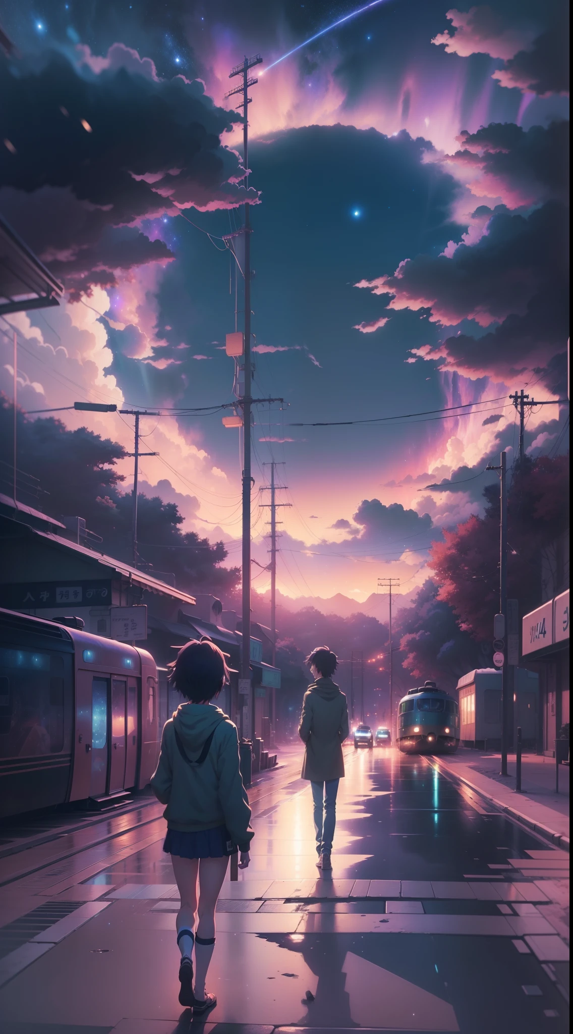 Ultra HD |, 8k, Starry sky, universo, Noite, aurora, Arte conceitual de Makoto Shinkai, Tumblr, magic realism, bela cena de anime, cosmic sky. por makoto shinkai, ( ( ( Makoto Shinkai ) ), arte de fundo do anime, Fundo do anime, Estilo Makoto Shinkai, fundo do filme anime, galaxy express, Sem humanos.  --S4