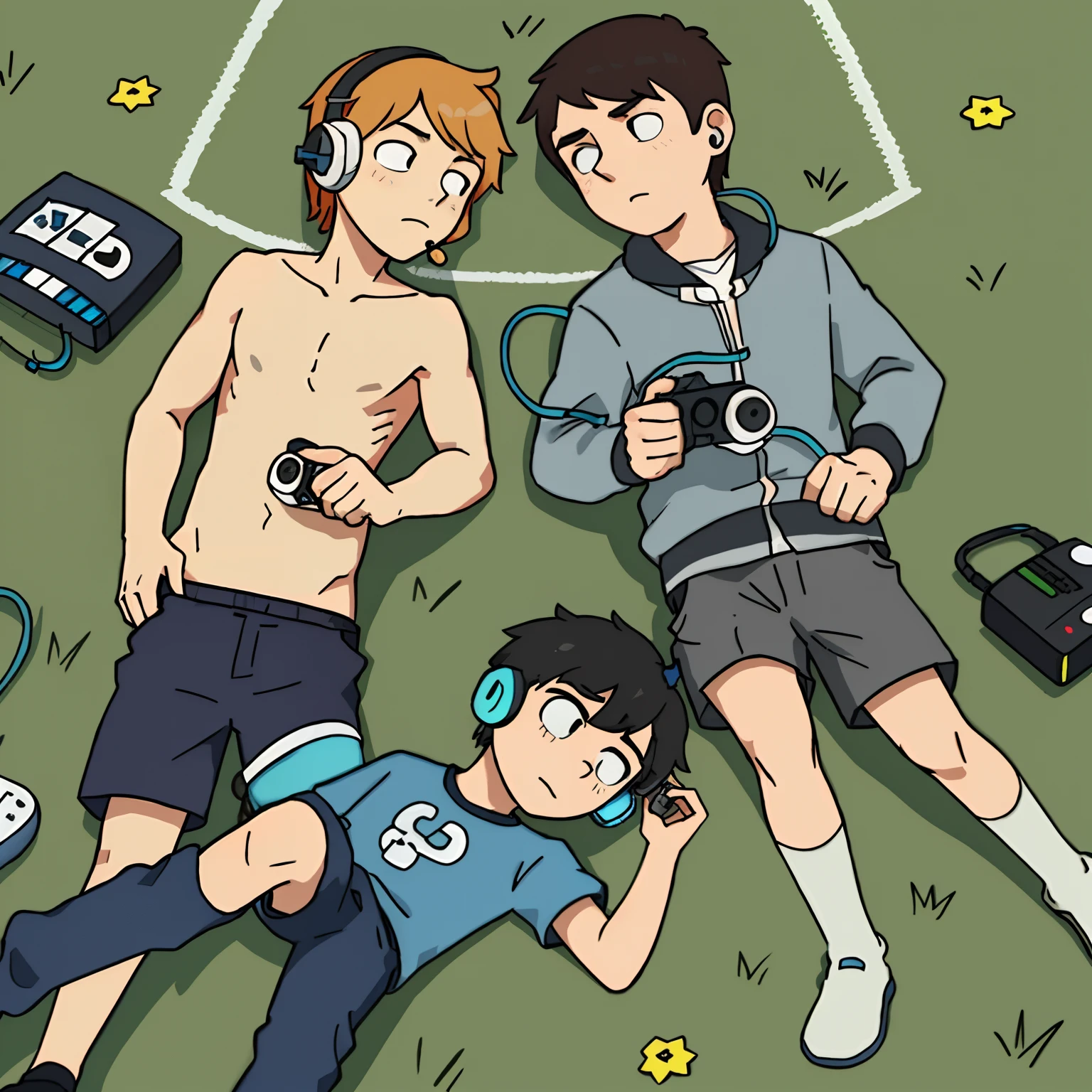 1boys,Gamers,adolable,Use headphones,fullnude,Lie flat on the ground,Pressed under by another boy
