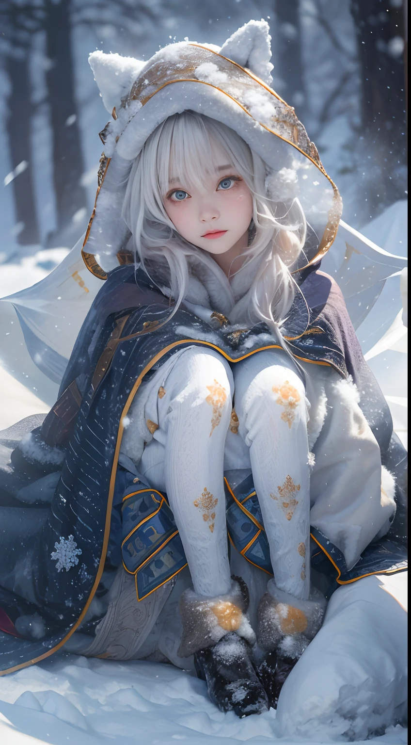 ((Works of masters))，(超高分辨率)，1 girl,Glowing eyes，Tears of sadness， Sitting, Lolita costume，Cloak (Snow, Snow，Outdoor activities in winter:1.2),