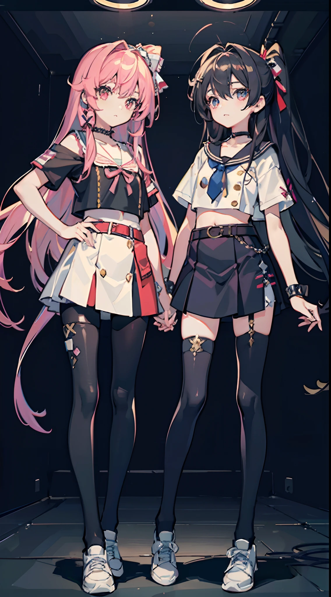 ,twins, Masterpiece,Best quality,offcial art,Extremely detailed Cg Unity 8K wallpaper, 2girls, cute female child, Yuri, hair adornments, Short shorts, Crop top, Pantyhose, ribbon_choker necklace, leg belt,