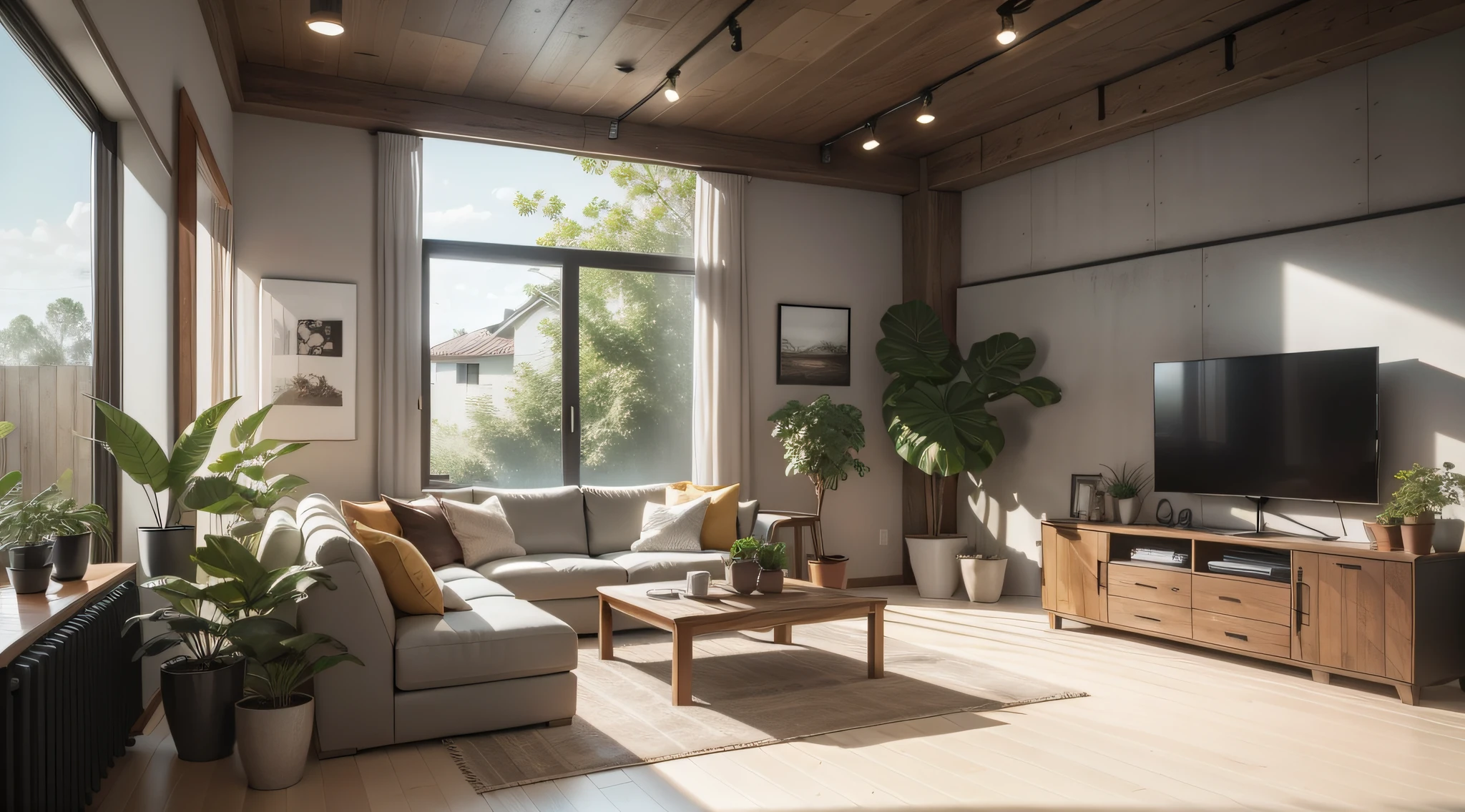 Develop an image showcasing a living room design that incorporates natural elements like indoor plants and warm wood accents, set against an empty concrete wall to add an urban touch to the space.