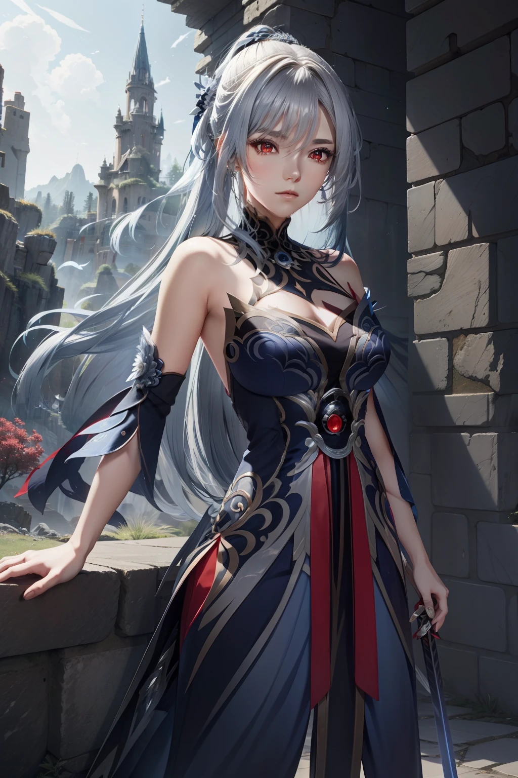 Anime girl with long silver hair, red eyes, wearing an open shoulder dark blue dress, standing in front of a castle, beautiful angelic swordsman, style image from genshin impact.