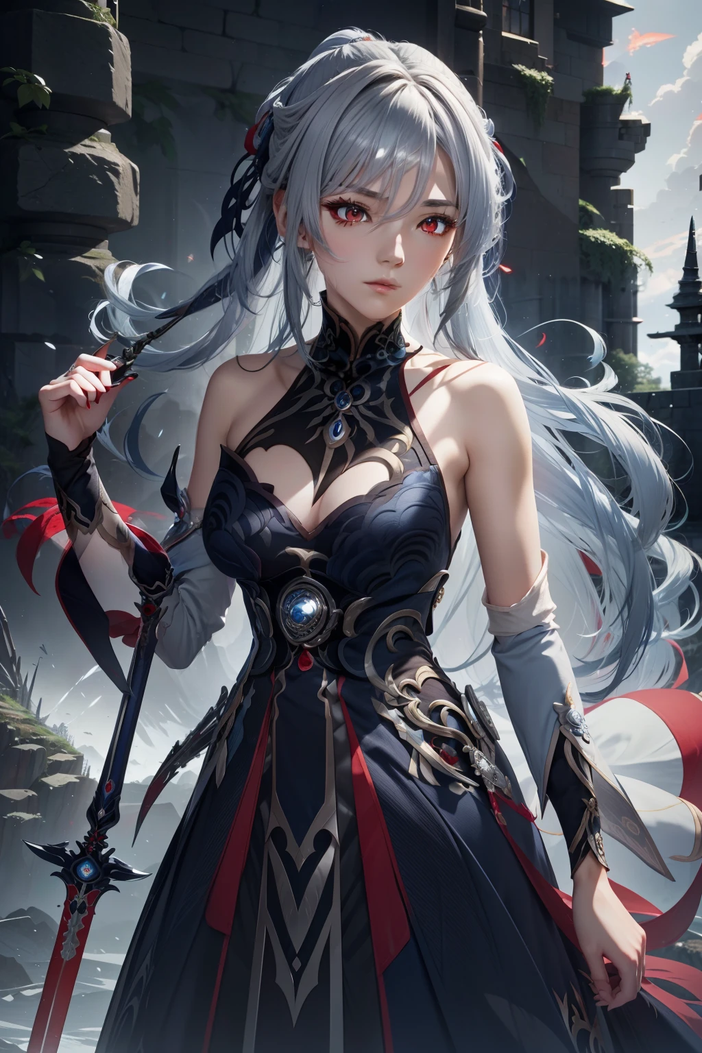 Anime girl with long silver hair, red eyes, wearing an open shoulder dark blue dress, standing in front of a castle, beautiful angelic swordsman, style image from genshin impact.