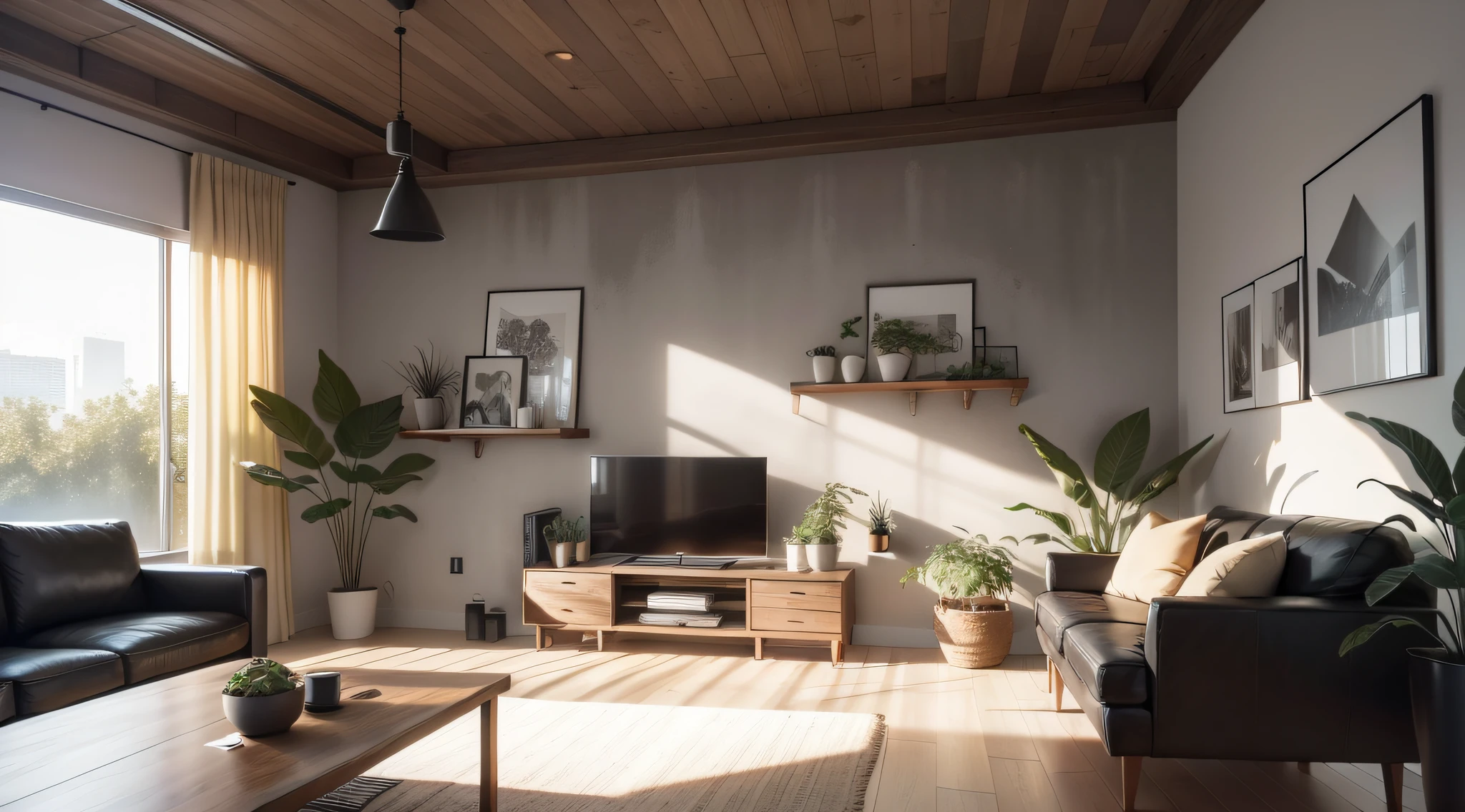 Develop an image showcasing a living room design that incorporates natural elements like indoor plants and warm wood accents, set against an empty concrete wall to add an urban touch to the space.