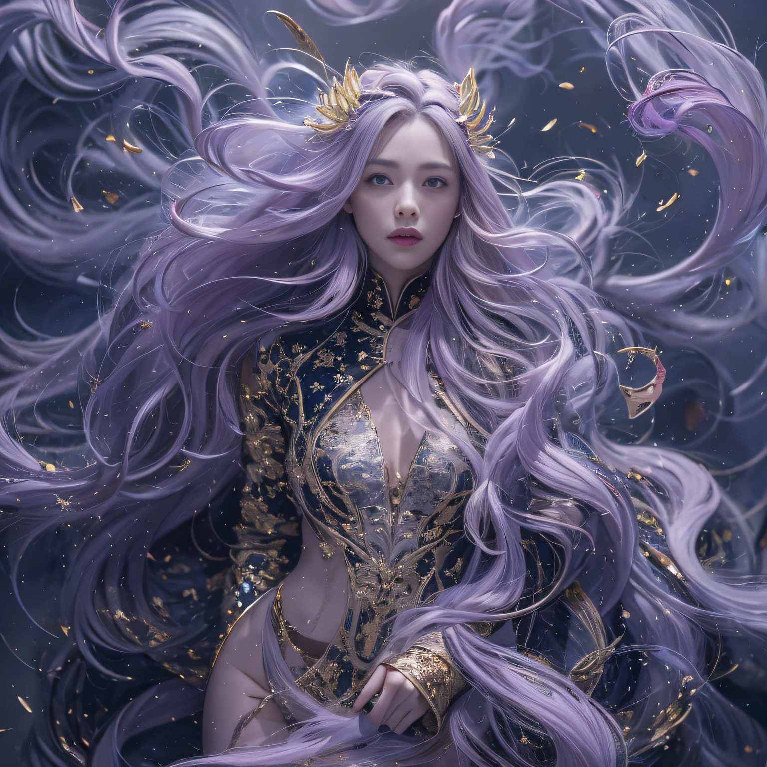 32K（tmasterpiece，k hd，hyper HD，32K）Long flowing lilac hair，Back basement，zydink， a color，  Xuzhou people （Raised sexy）， （Burgundy silk scarf）， Combat posture， looking at the ground， long whitr hair， Floating cloves， Fire cloud pattern light gold headdress， Chinese long-sleeved gold silk spacesuit， （abstract ink splash：1.2）， smoky background，Lotus protector（realisticlying：1.4），lilac purple hair，Fog on the road，smoke in the background， A high resolution， the detail， RAW photogr， Sharp Re， Nikon D850 Film Stock Photo by Jefferies Lee 4 Kodak Portra 400 Camera F1.6 shots, Rich colors, ultra-realistic vivid textures, Dramatic lighting, Unreal Engine Art Station Trend, cinestir 800，Long flowing lilac hair，Light transparent clothes
