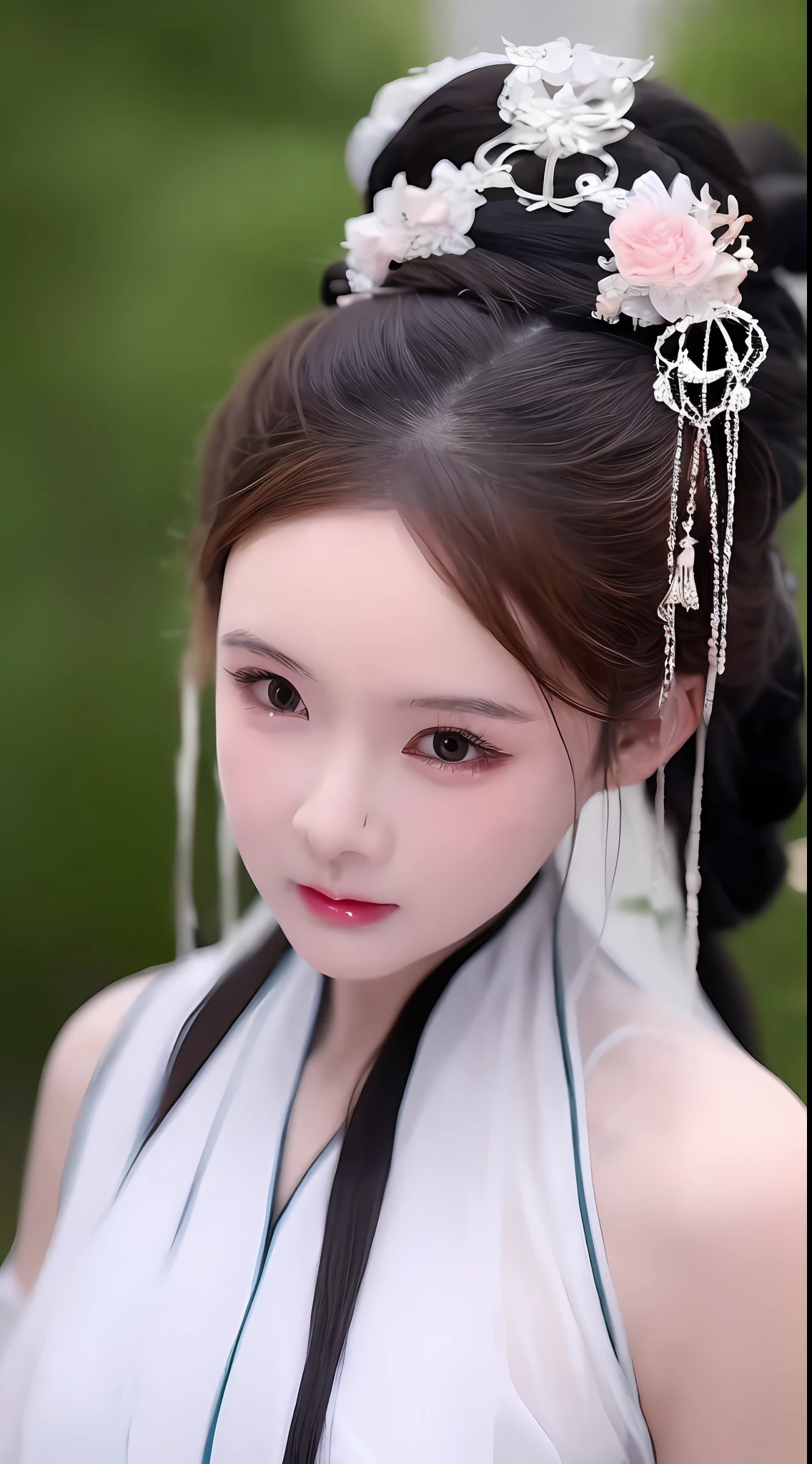 1 realistically beautiful girl, waist length hair, black eyes, ancient Ao Dai, style hanfu, wearing a thin silk shirt of ancient China, pink and smooth white skin, wearing a discreet ancient style ao dai, appears shoulders and head in the photo,cute little face, eye bags under wet makeup, plump red lips, pout, ((closed mouth:1.0)), balanced incisors, embarrassed, small face makeup detailed and very beautifull, The breasts are super round and tight, breast augmentation, blum boobs, Cover the girl's chest with a camisole inside, blush, from front, wear earrings, necklaces, from above, looking at viewer, upturned eyes, full body, masterpiece, top quality, best quality, official art, unity 8k wallpaper, highres, ultra-high res, ultra-detailed, (photorealistic:1.2), alone, solo, Only 1 girl, style hanfu Dunhuang, 10x pixels, super realistic, ultra high quality, full body view of the girl, upper body,